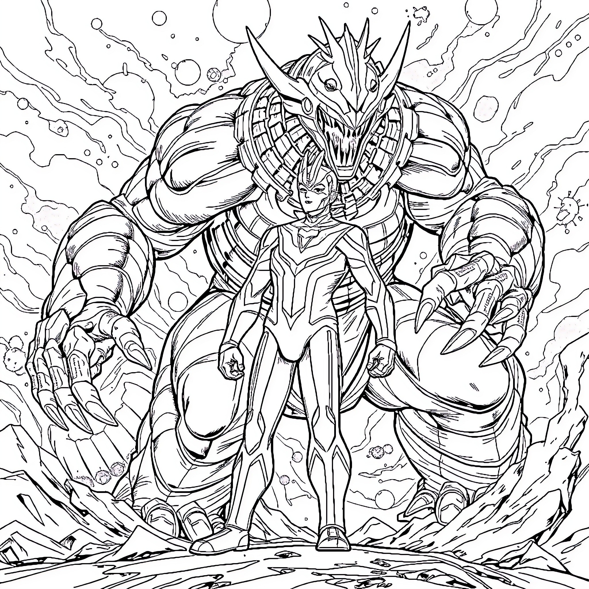Ultraman Battles Ferocious Monster in Epic Confrontation Coloring Page (free black-and-white line drawing printable PDF for all, from beginners to advanced learners, including children, teens, adults, and seniors)