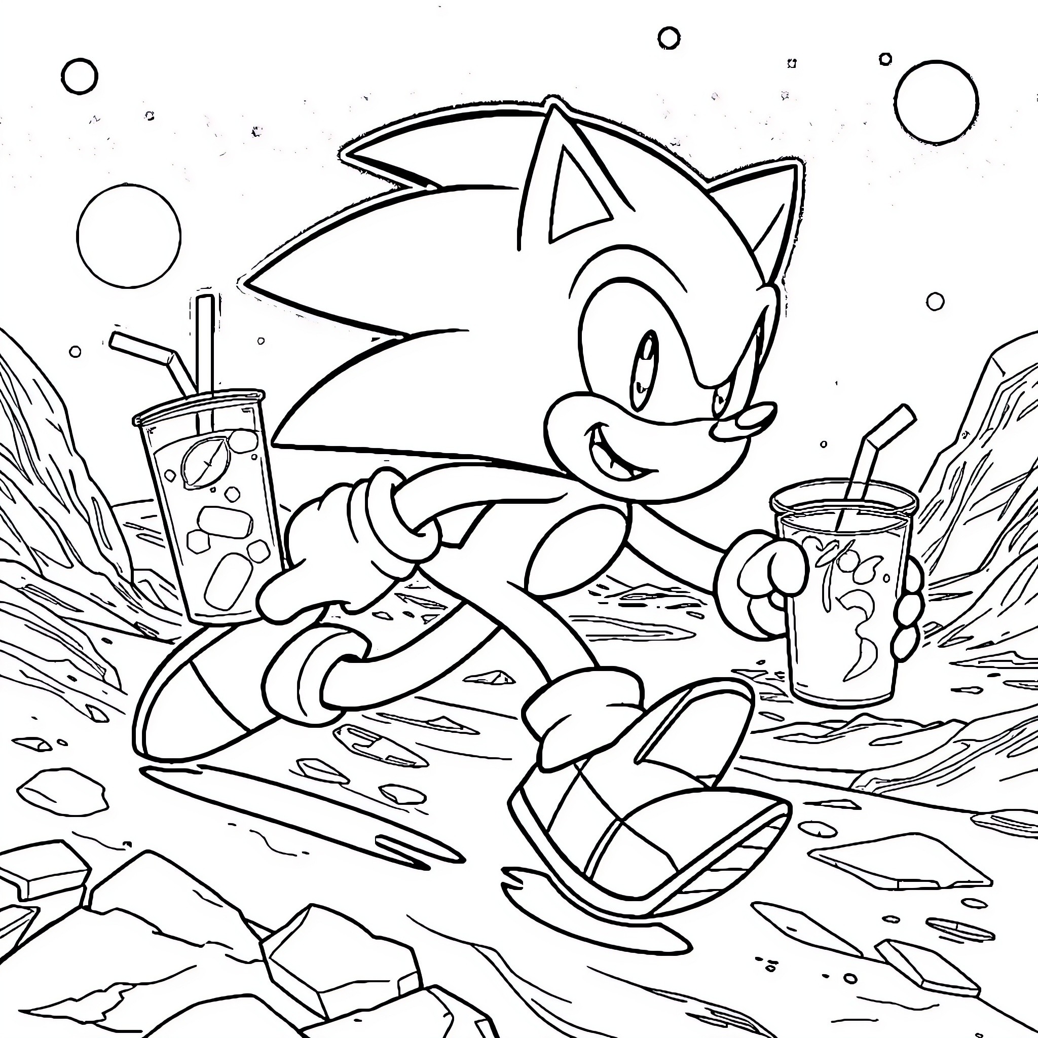 Sonic enjoying a refreshing drink outdoors Coloring Page (free black-and-white line drawing printable PDF for all, from beginners to advanced learners, including children, teens, adults, and seniors)