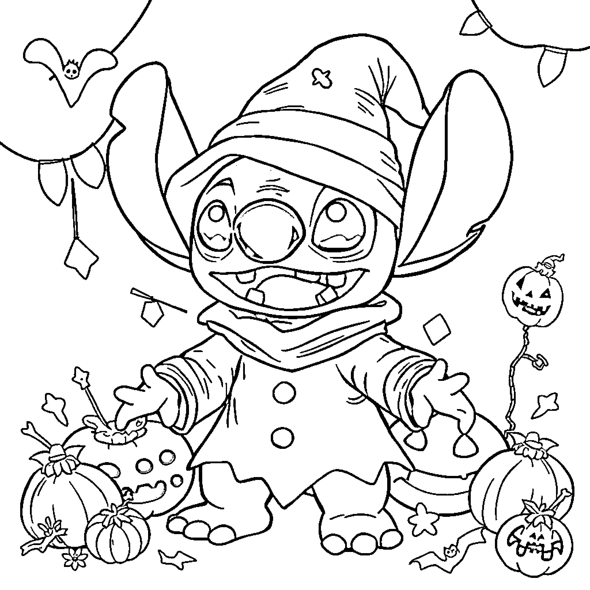 Stitch Celebrates Halloween Joyfully with Pumpkins Coloring Page (free black-and-white line drawing printable PDF for all, from beginners to advanced learners, including children, teens, adults, and seniors)