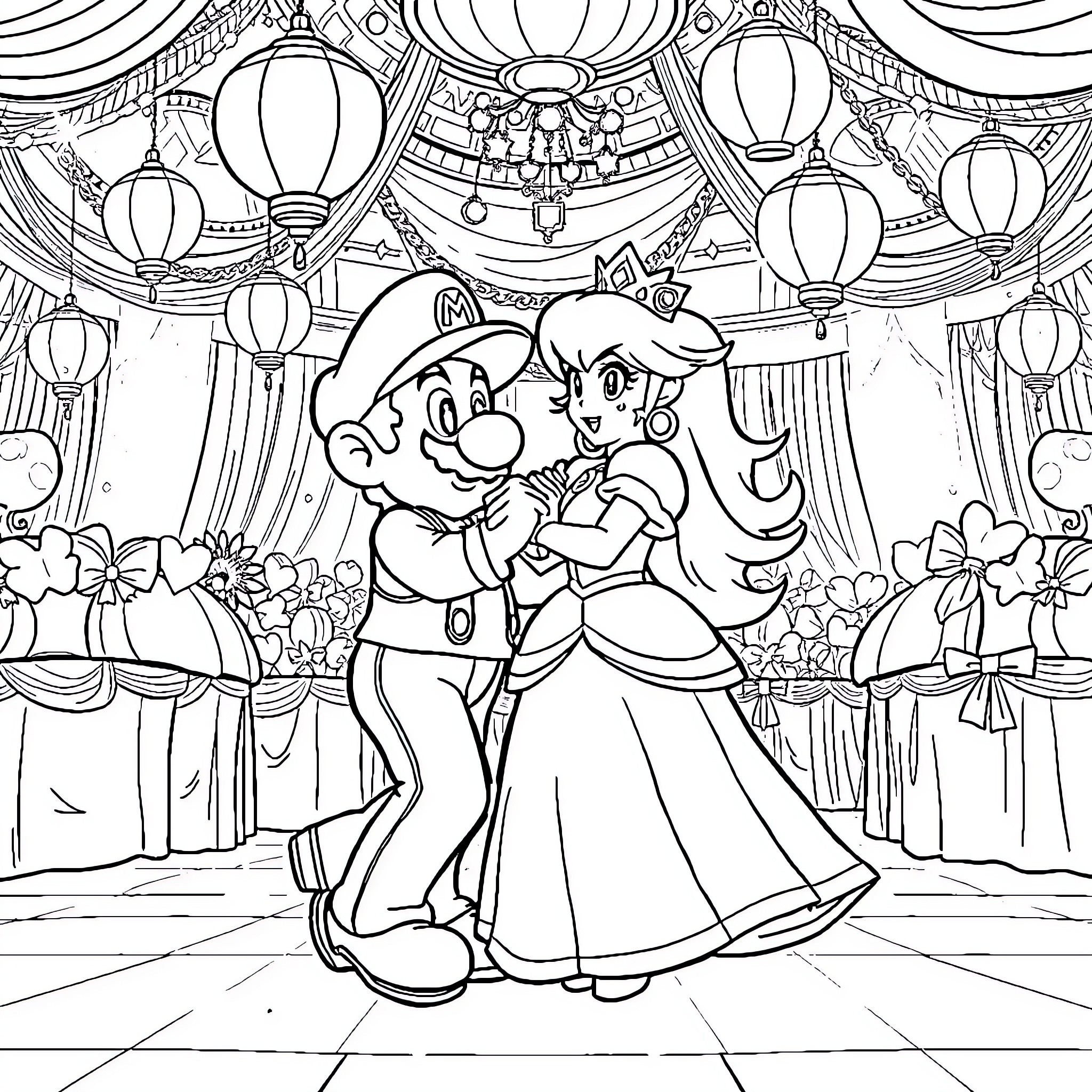 Mario and Princess Enjoying a Festive Celebration Coloring Page (free black-and-white line drawing printable PDF for all, from beginners to advanced learners, including children, teens, adults, and seniors)