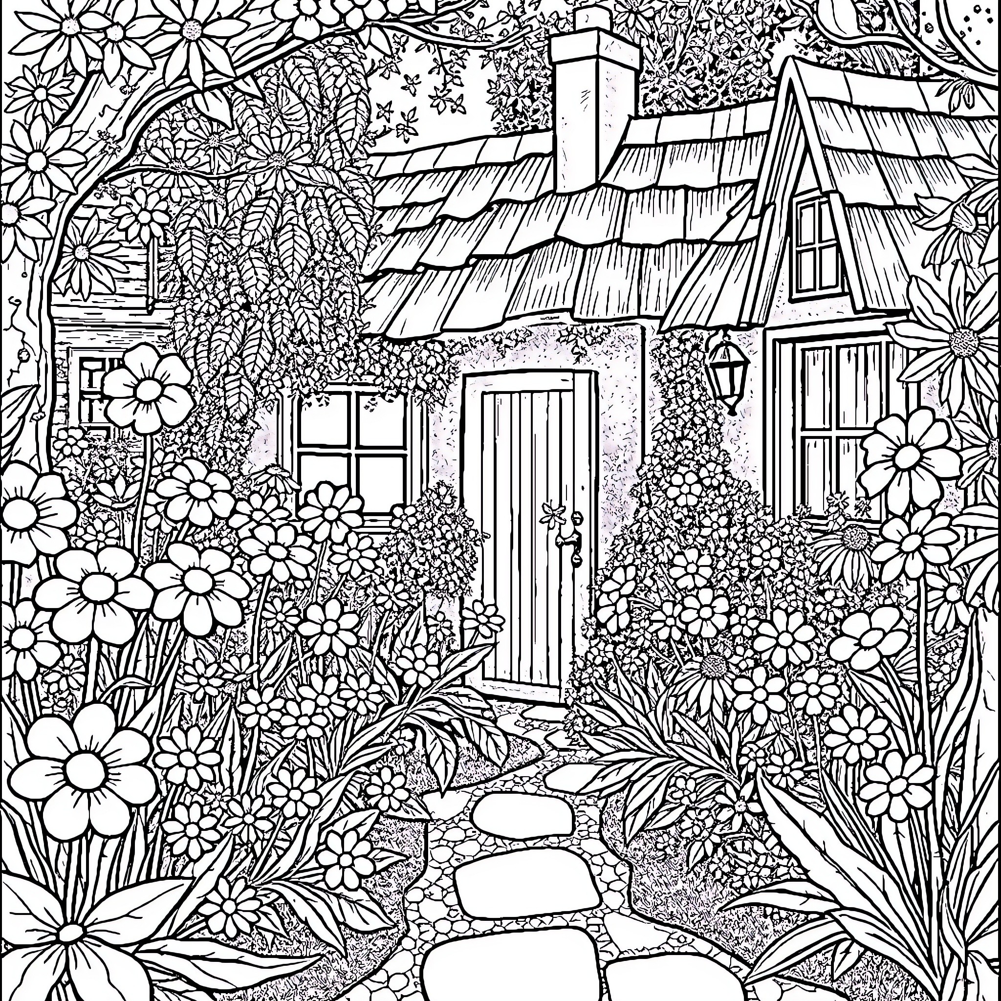 Cottage in Blooming Garden Oasis Coloring Page (free black-and-white line drawing printable PDF for all, from beginners to advanced learners, including children, teens, adults, and seniors)