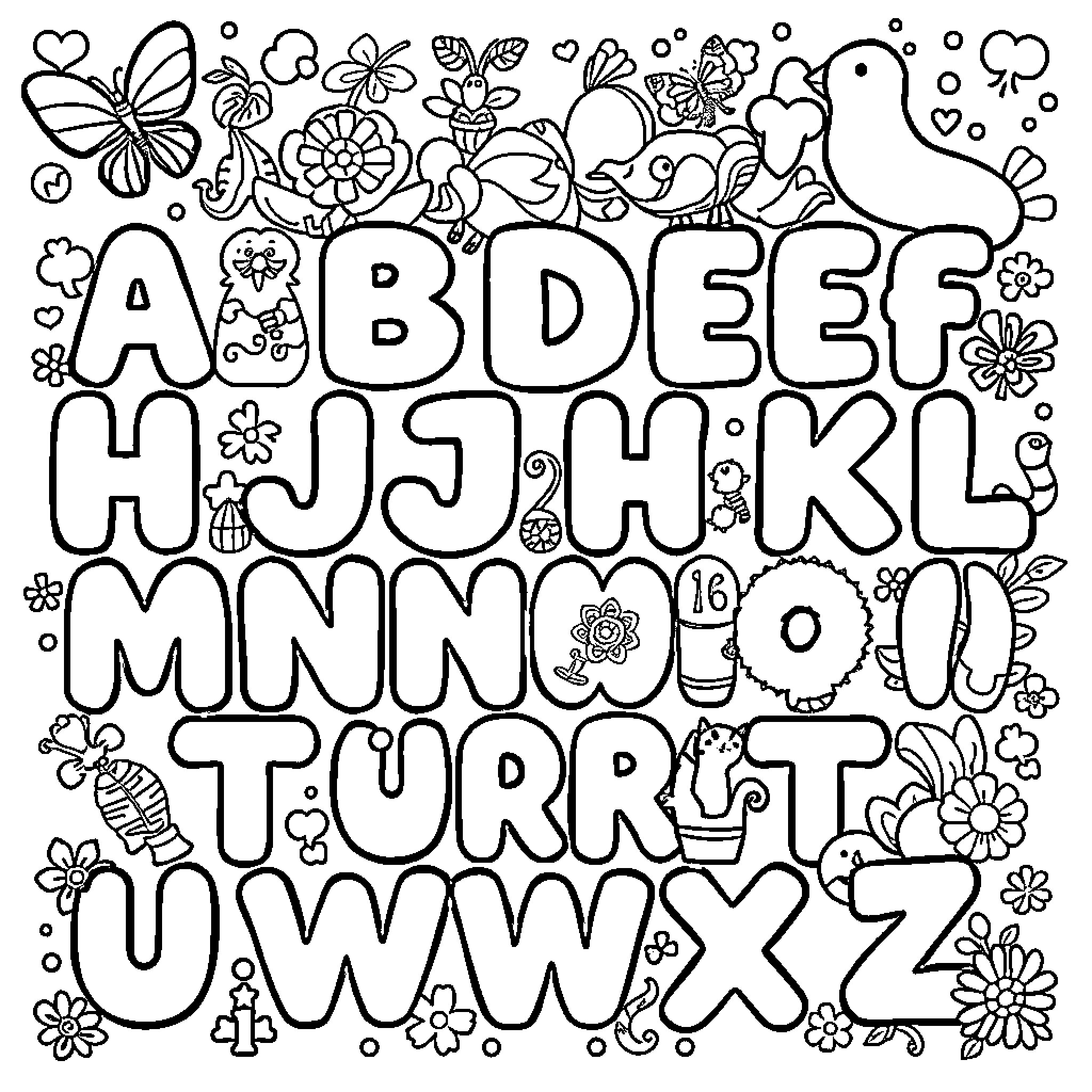 Alphabet with Floral and Nature Motifs Coloring Page (free black-and-white line drawing printable PDF for all, from beginners to advanced learners, including children, teens, adults, and seniors)