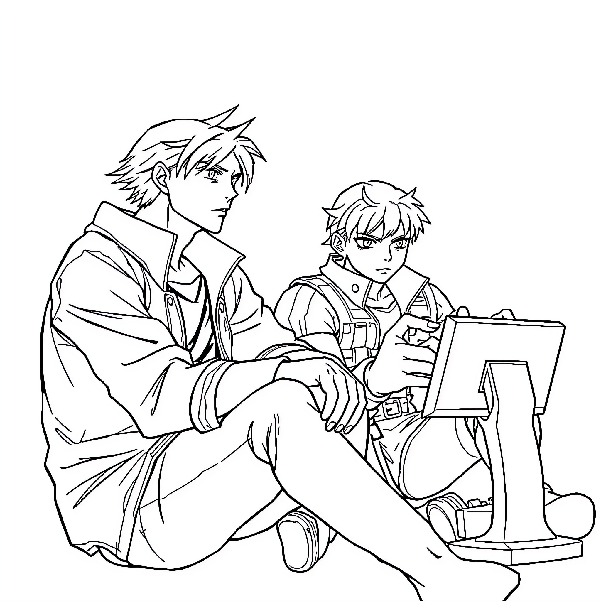 Ken and Ryu playing video games together Coloring Page (free black-and-white line drawing printable PDF for all, from beginners to advanced learners, including children, teens, adults, and seniors)