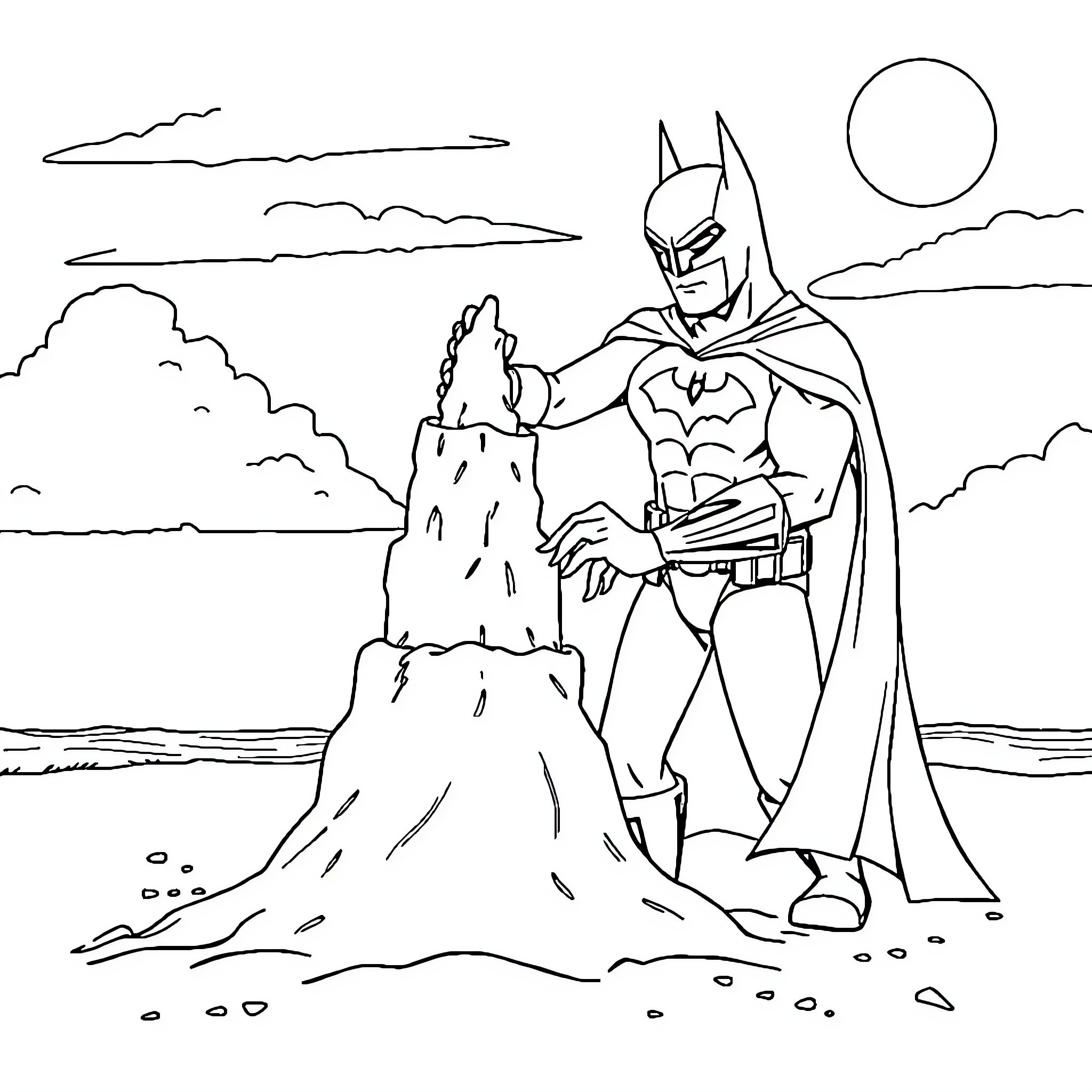 Batman fighting crime in the moonlit city Coloring Page (free black-and-white line drawing printable PDF for all, from beginners to advanced learners, including children, teens, adults, and seniors)