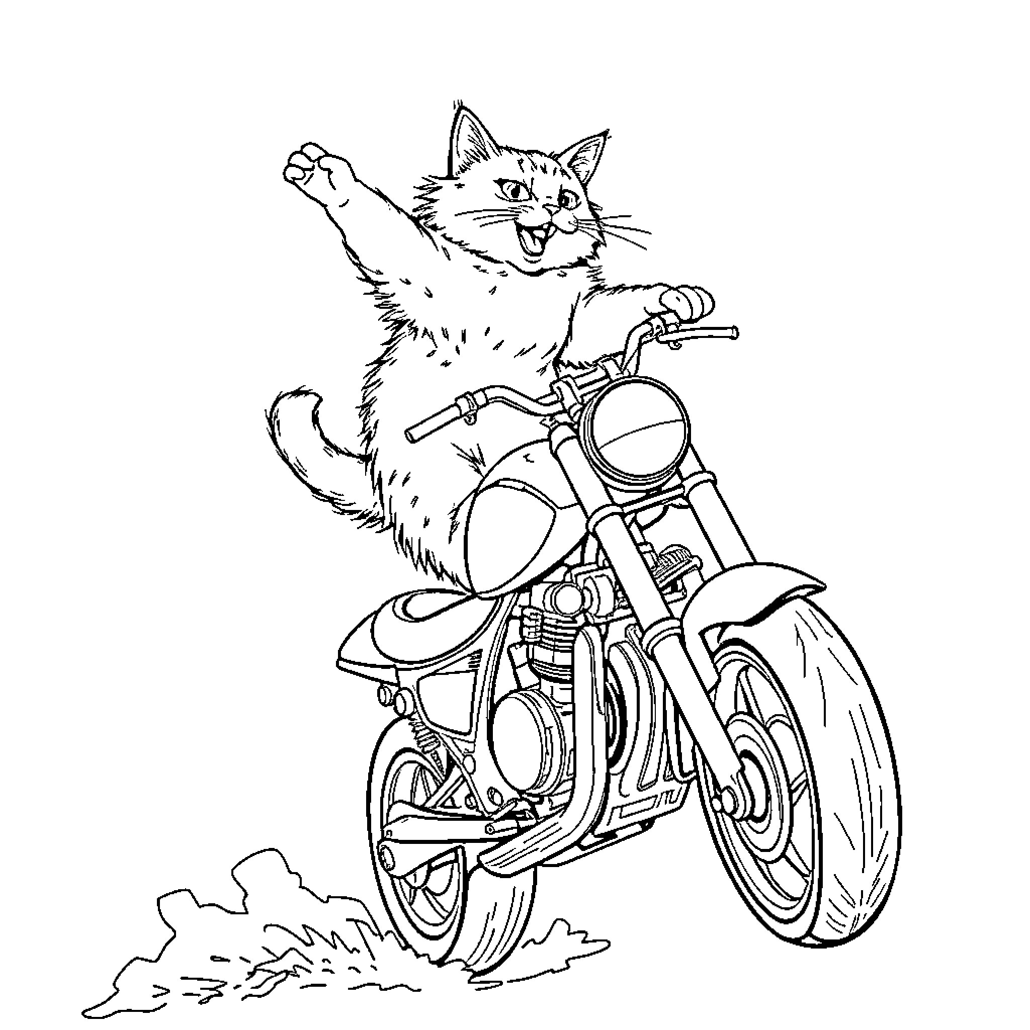 Cat Riding Motorcycle Enthusiastically Coloring Page (free black-and-white line drawing printable PDF for all, from beginners to advanced learners, including children, teens, adults, and seniors)