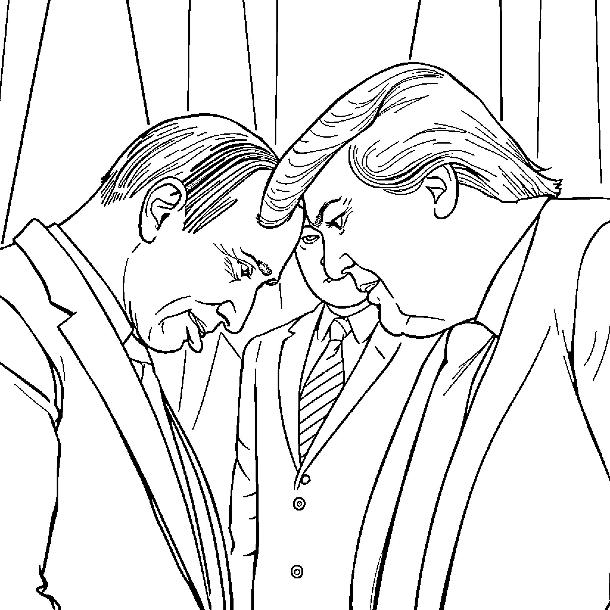 Putin and associates in a serious discussion Coloring Page (free black-and-white line drawing printable PDF for all, from beginners to advanced learners, including children, teens, adults, and seniors)