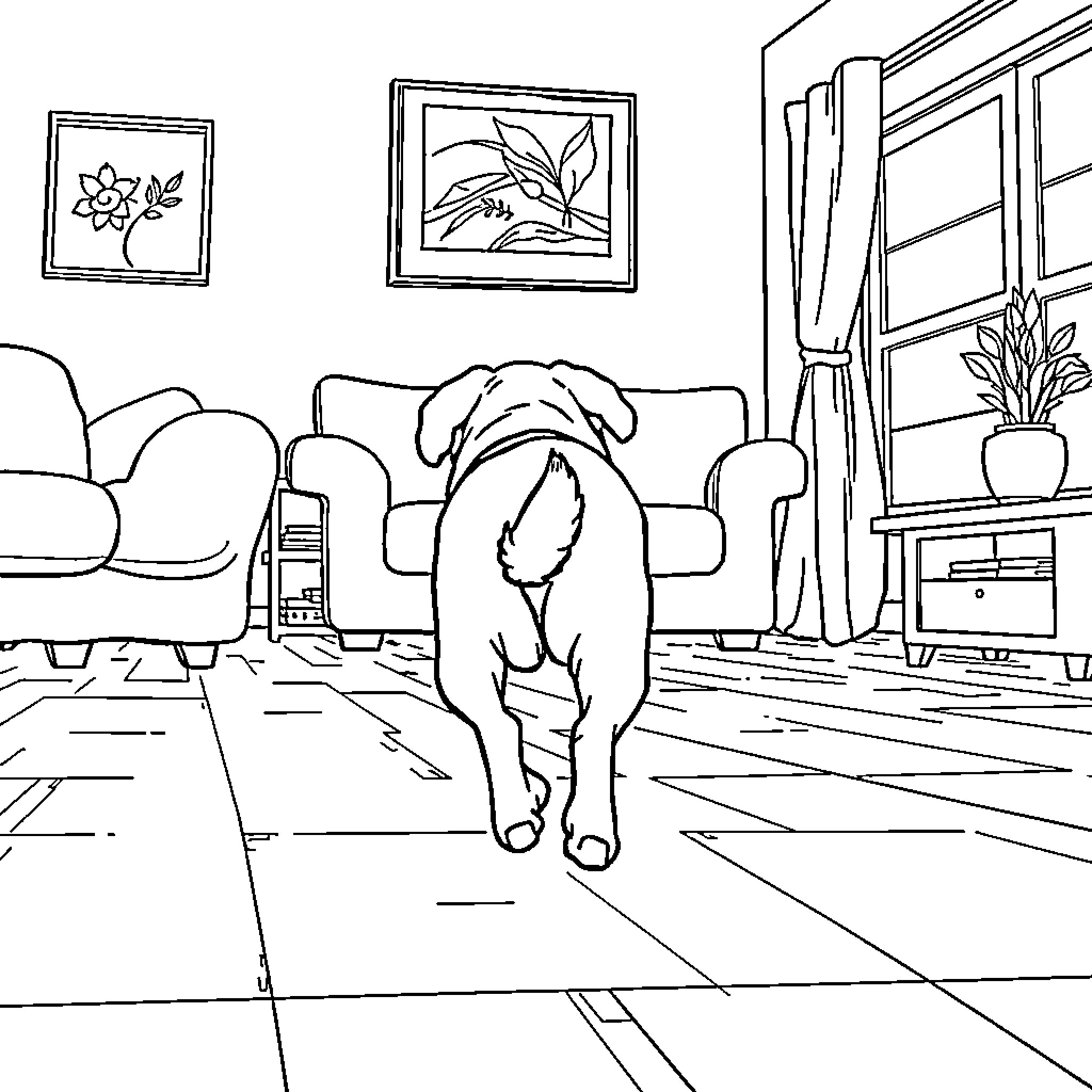 Dog exploring cozy indoor setting Coloring Page (free black-and-white line drawing printable PDF for all, from beginners to advanced learners, including children, teens, adults, and seniors)
