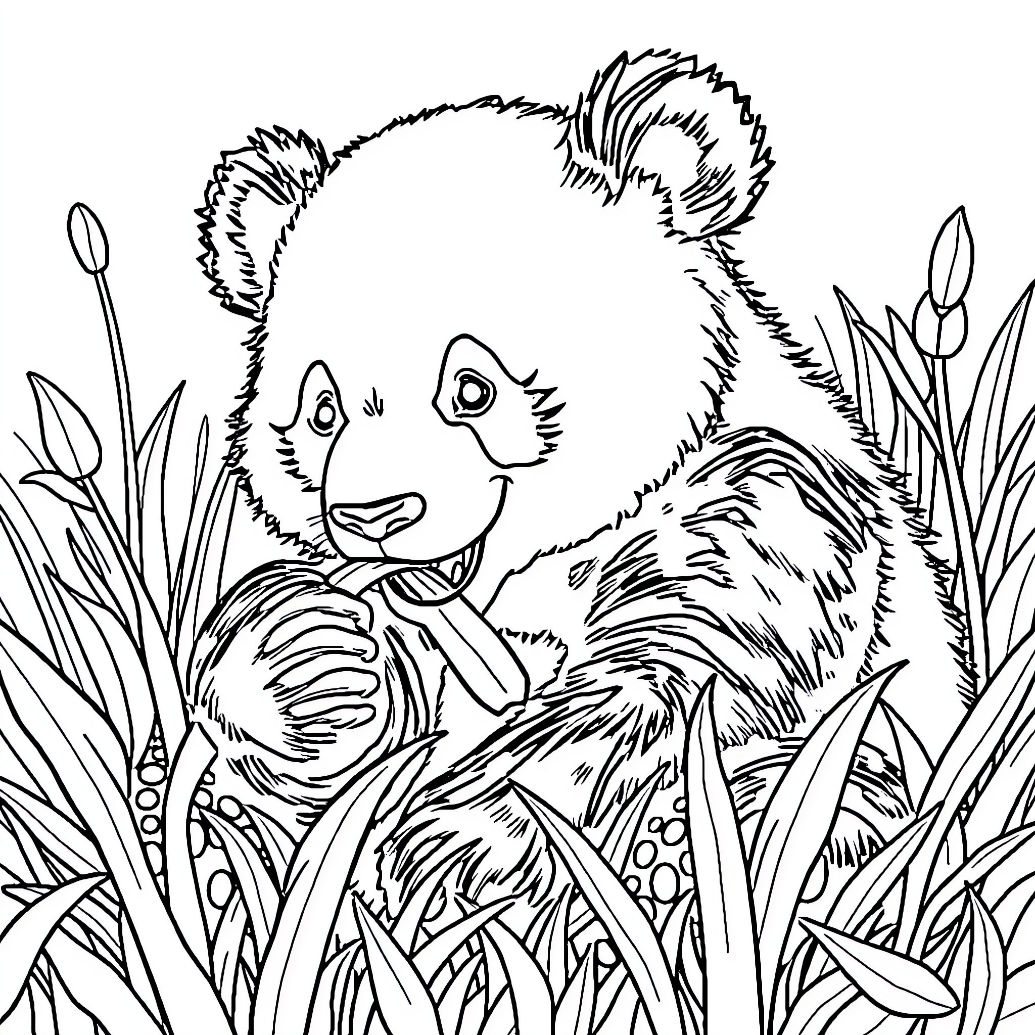 Panda exploring the lush greenery Coloring Page (free black-and-white line drawing printable PDF for all, from beginners to advanced learners, including children, teens, adults, and seniors)