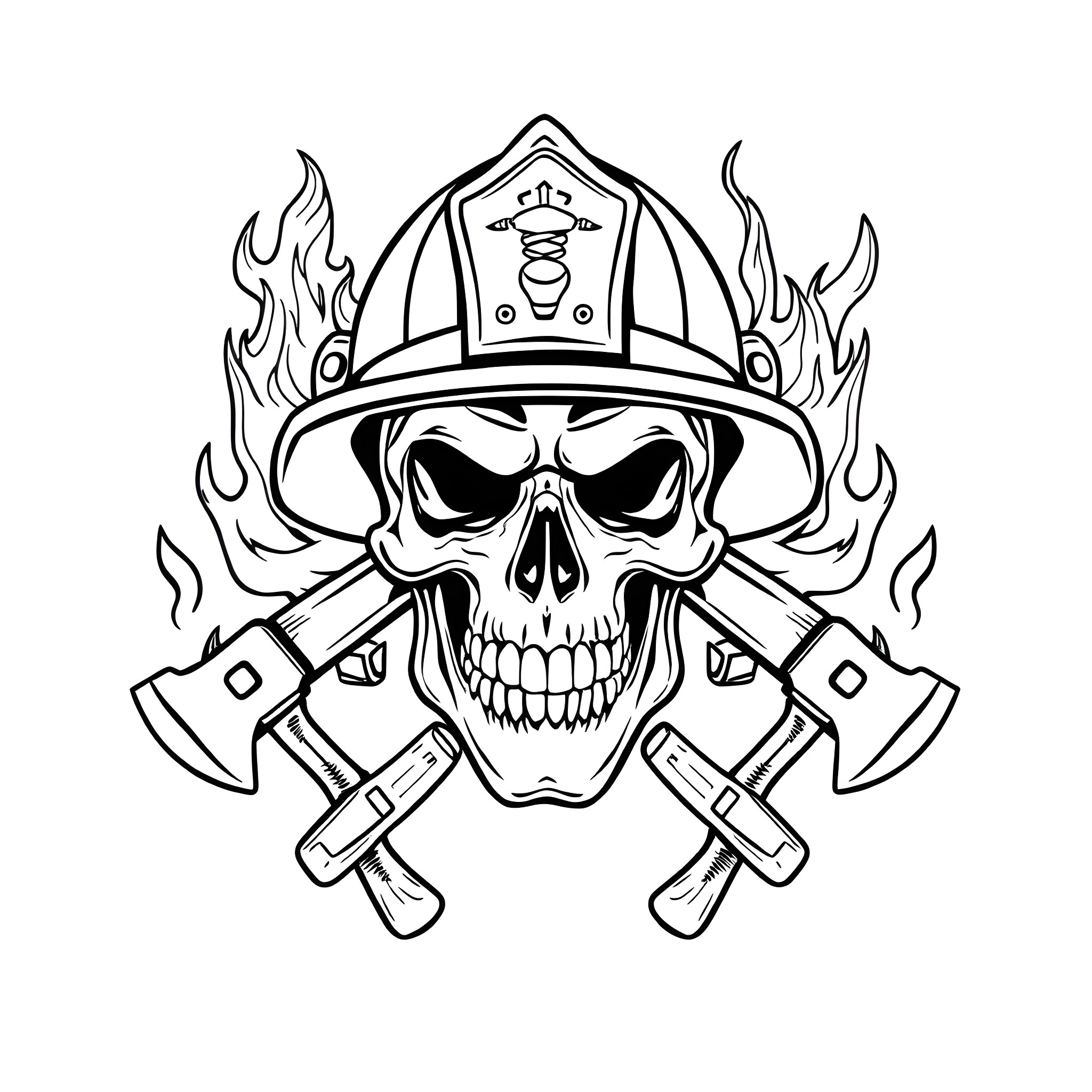 Firefighter Skull with Crossed Axes and Flames Coloring Page (free black-and-white line drawing printable PDF for all, from beginners to advanced learners, including children, teens, adults, and seniors)