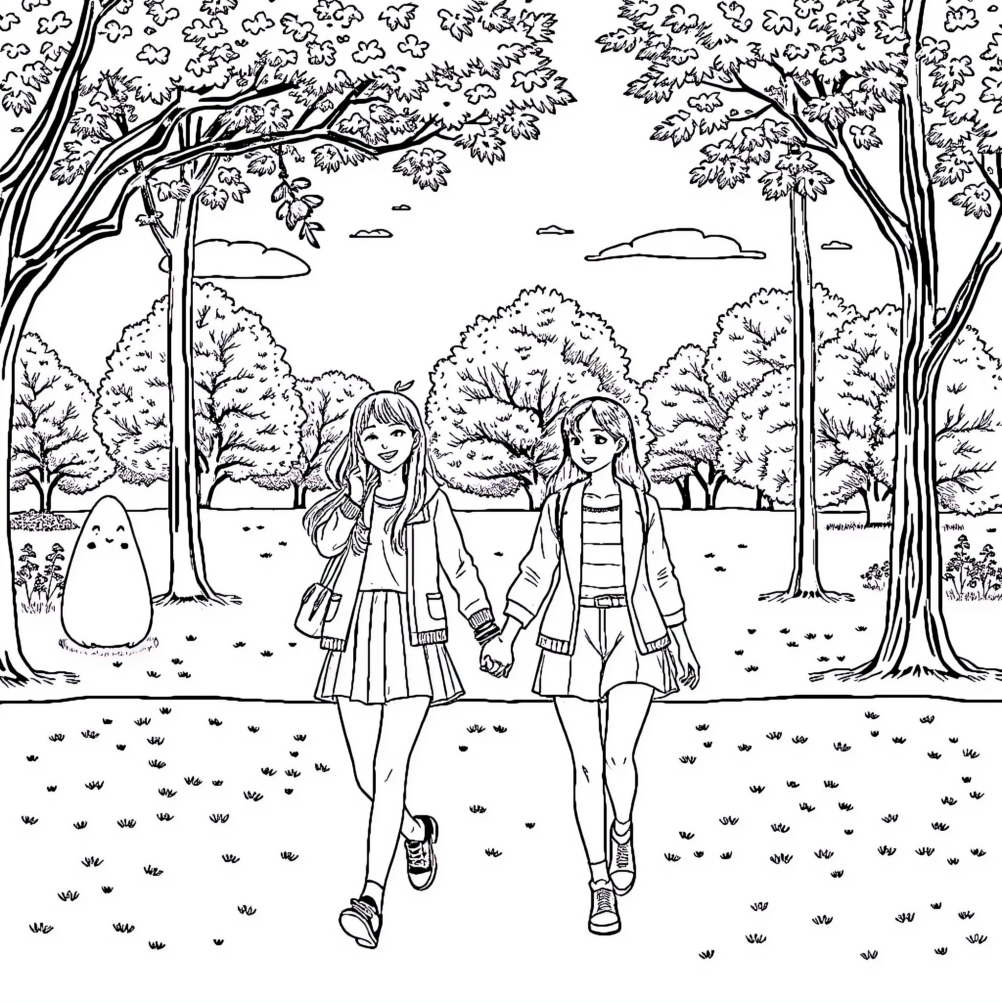 Jihyo's Peaceful Stroll in the Forest with Friend Coloring Page (free black-and-white line drawing printable PDF for all, from beginners to advanced learners, including children, teens, adults, and seniors)