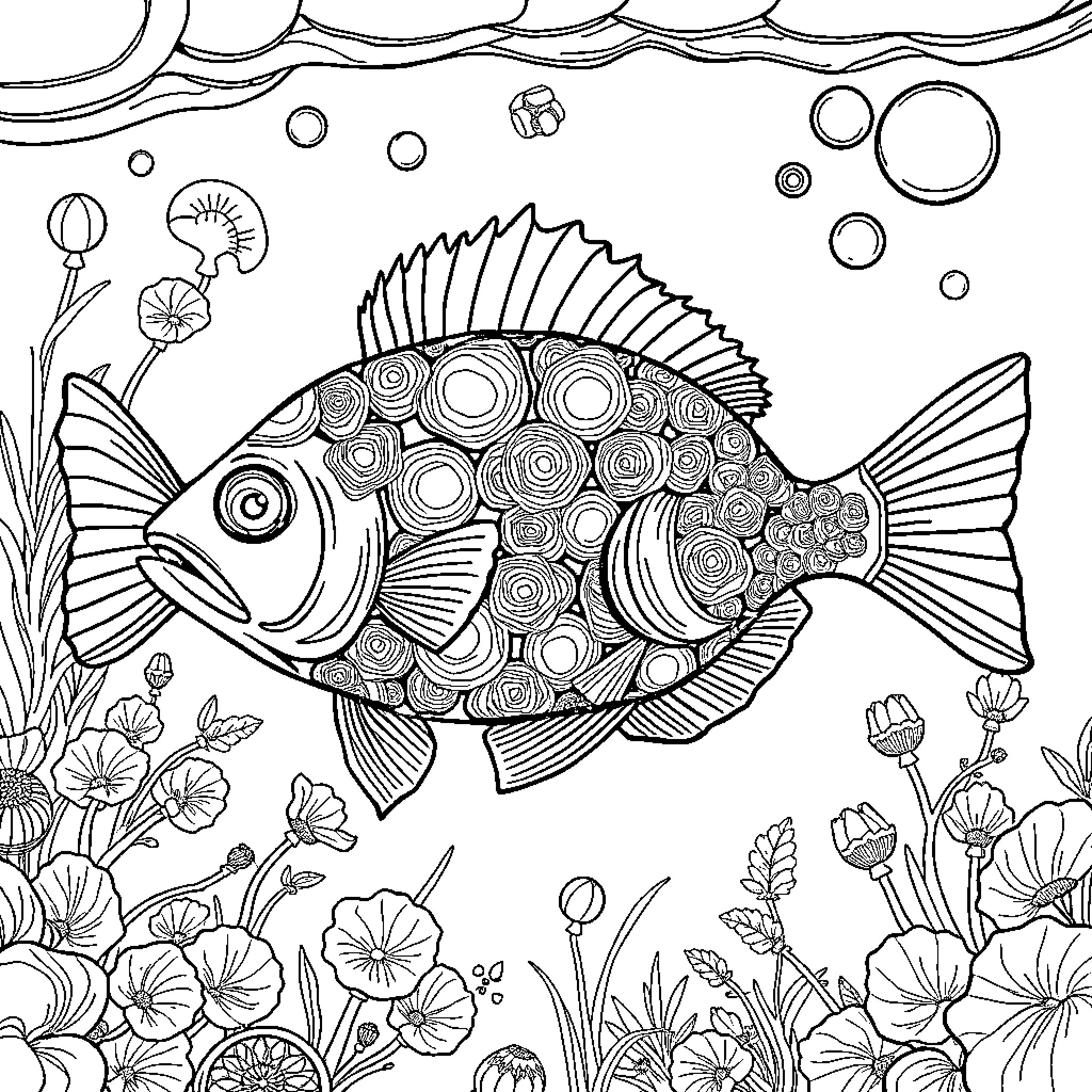 Fish swimming in the underwater garden Coloring Page (free black-and-white line drawing printable PDF for all, from beginners to advanced learners, including children, teens, adults, and seniors)