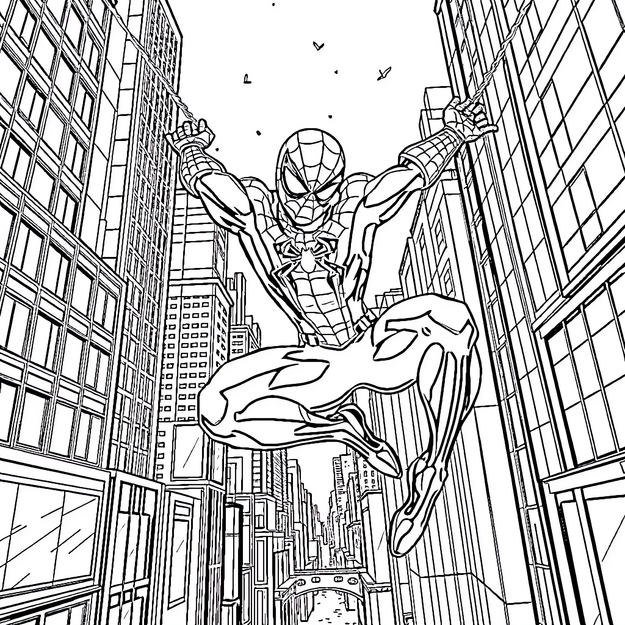 Spiderman swinging through the city skyline Coloring Page (free black-and-white line drawing printable PDF for all, from beginners to advanced learners, including children, teens, adults, and seniors)