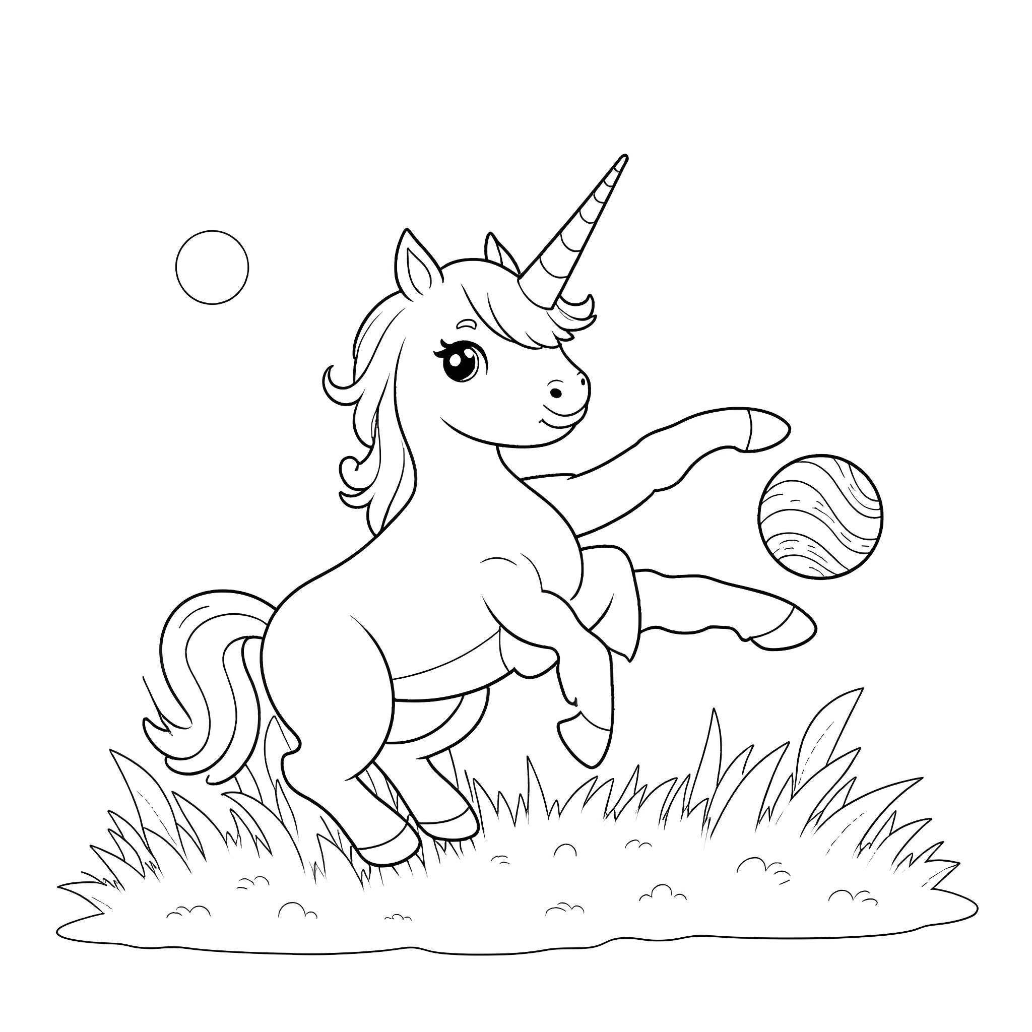 Unicorn playfully chasing balls in the meadow Coloring Page (free black-and-white line drawing printable PDF for all, from beginners to advanced learners, including children, teens, adults, and seniors)