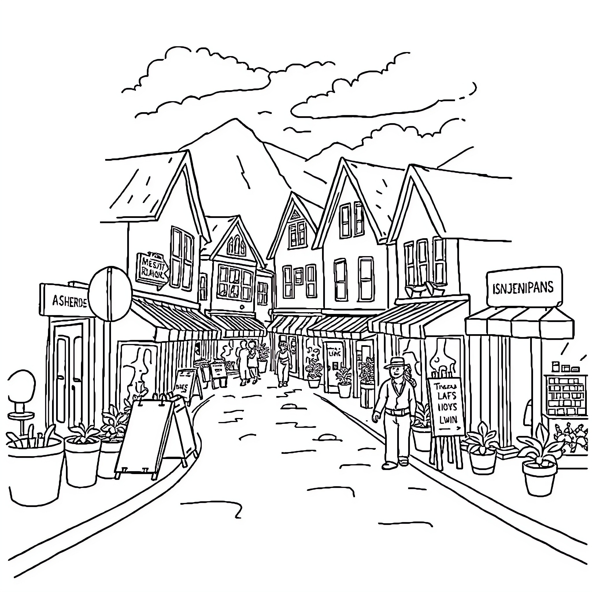 Teen explores bustling town marketplace Coloring Page (free black-and-white line drawing printable PDF for all, from beginners to advanced learners, including children, teens, adults, and seniors)