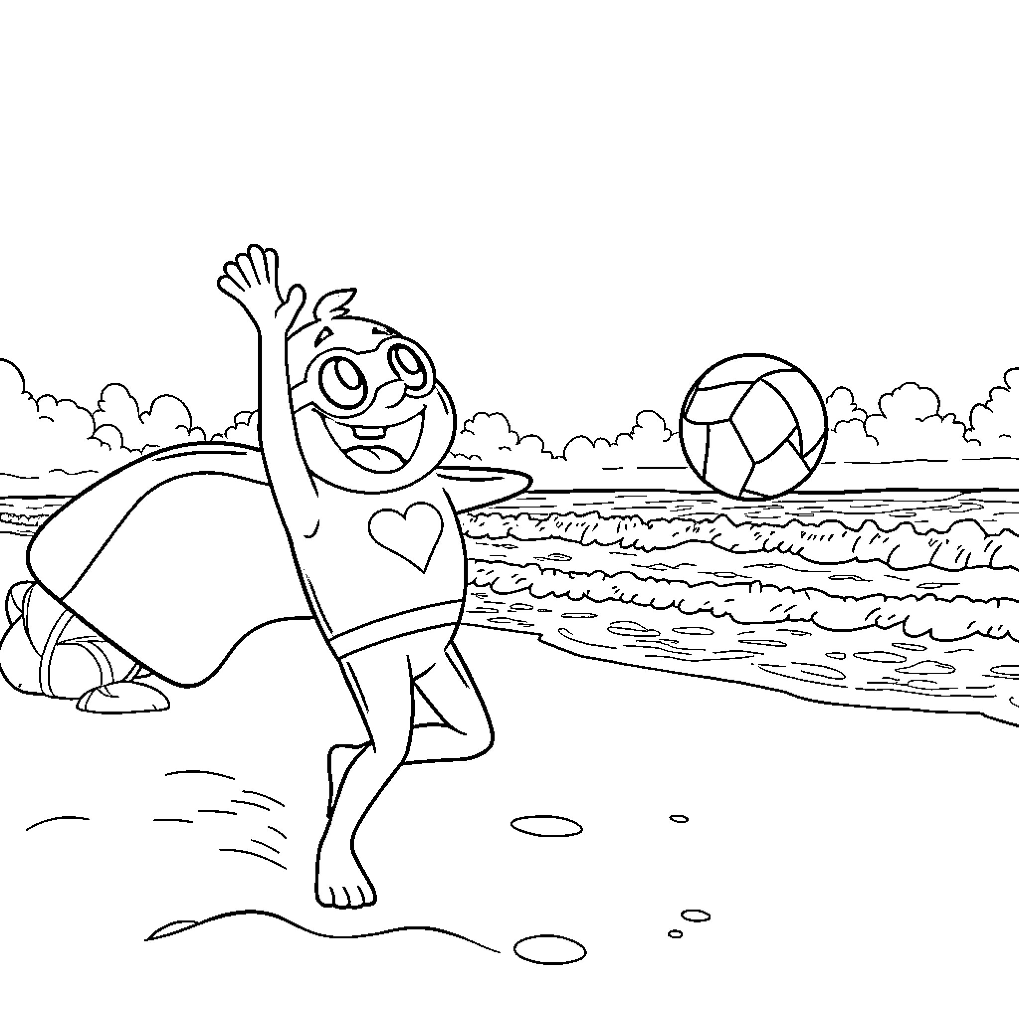 Chapulin playing on the beach with a ball Coloring Page (free black-and-white line drawing printable PDF for all, from beginners to advanced learners, including children, teens, adults, and seniors)