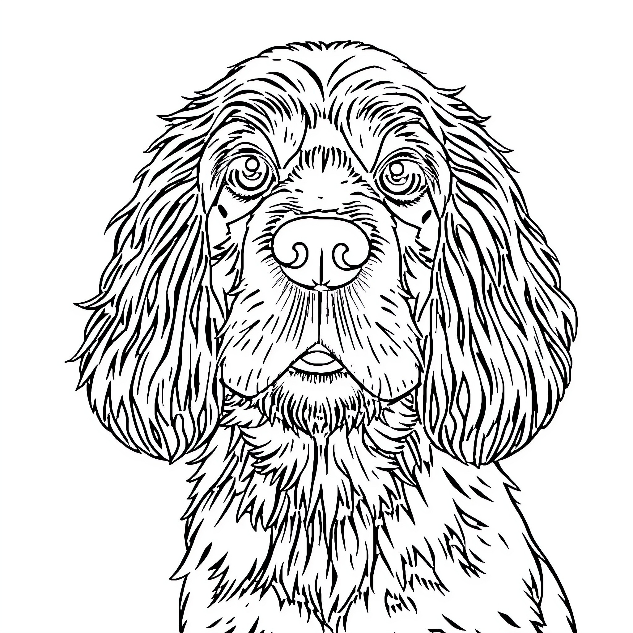 Cocker Spaniel's Curious Gaze Coloring Page (free black-and-white line drawing printable PDF for all, from beginners to advanced learners, including children, teens, adults, and seniors)