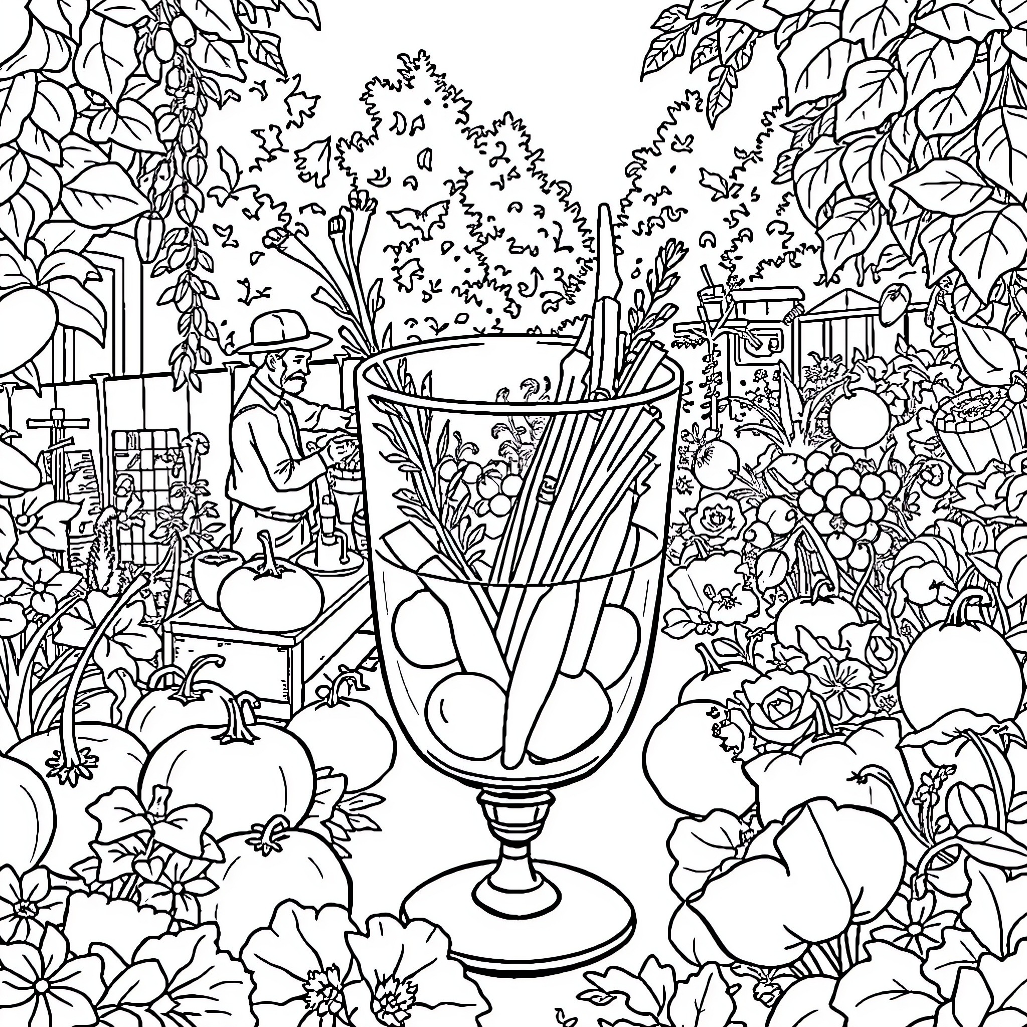 Garden Filled with Vibrant Flora and Refreshing Beverage Coloring Page (free black-and-white line drawing printable PDF for all, from beginners to advanced learners, including children, teens, adults, and seniors)