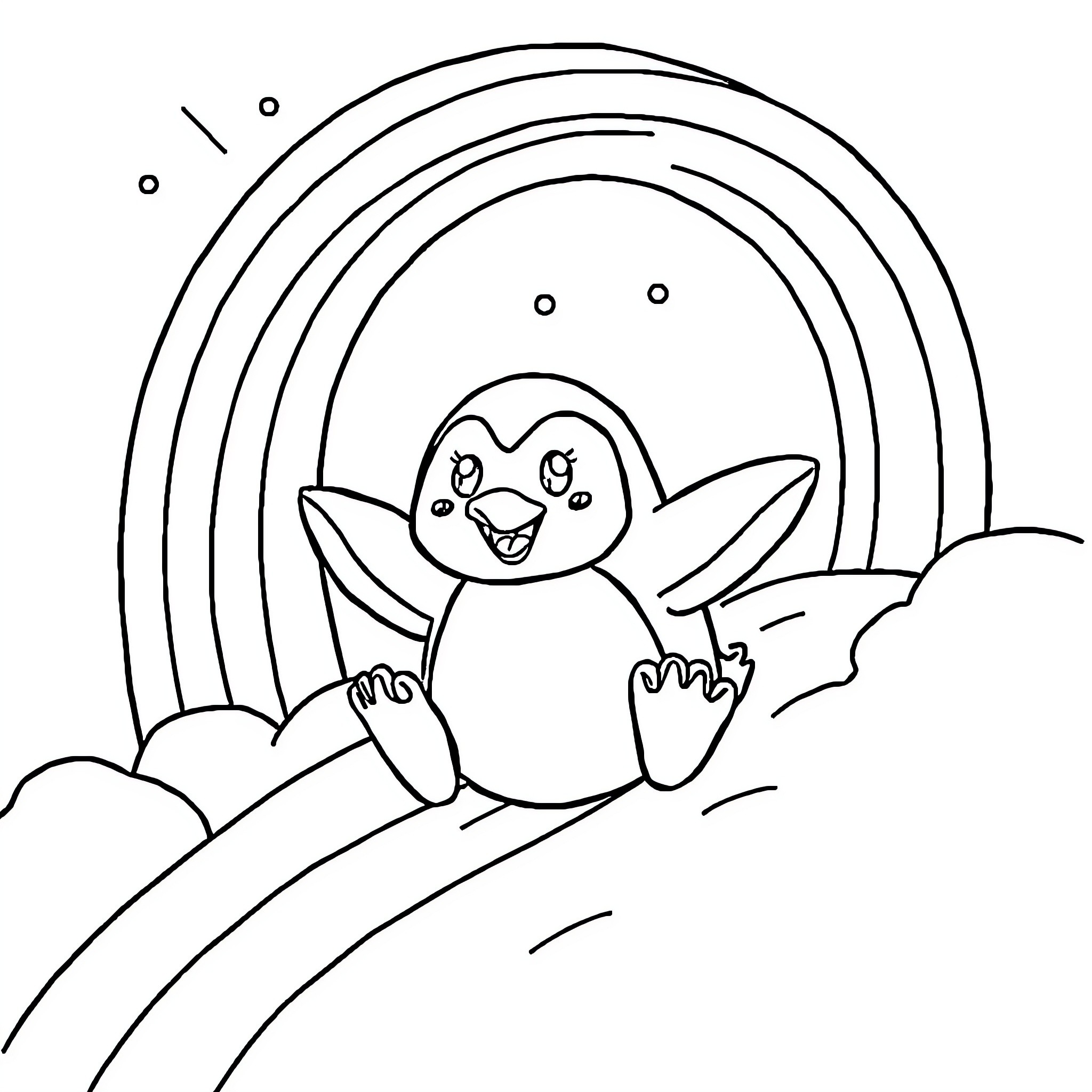 Penguin enjoying a sunny day with a rainbow Coloring Page (free black-and-white line drawing printable PDF for all, from beginners to advanced learners, including children, teens, adults, and seniors)