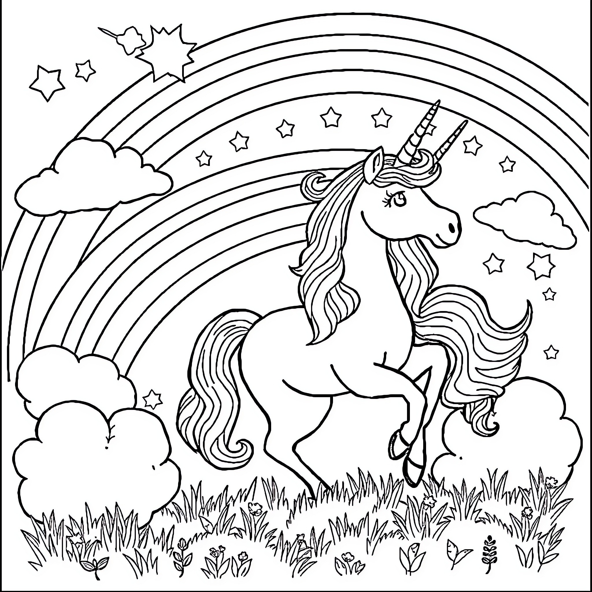 Unicorn dancing joyfully under rainbow in starry sky Coloring Page (free black-and-white line drawing printable PDF for all, from beginners to advanced learners, including children, teens, adults, and seniors)