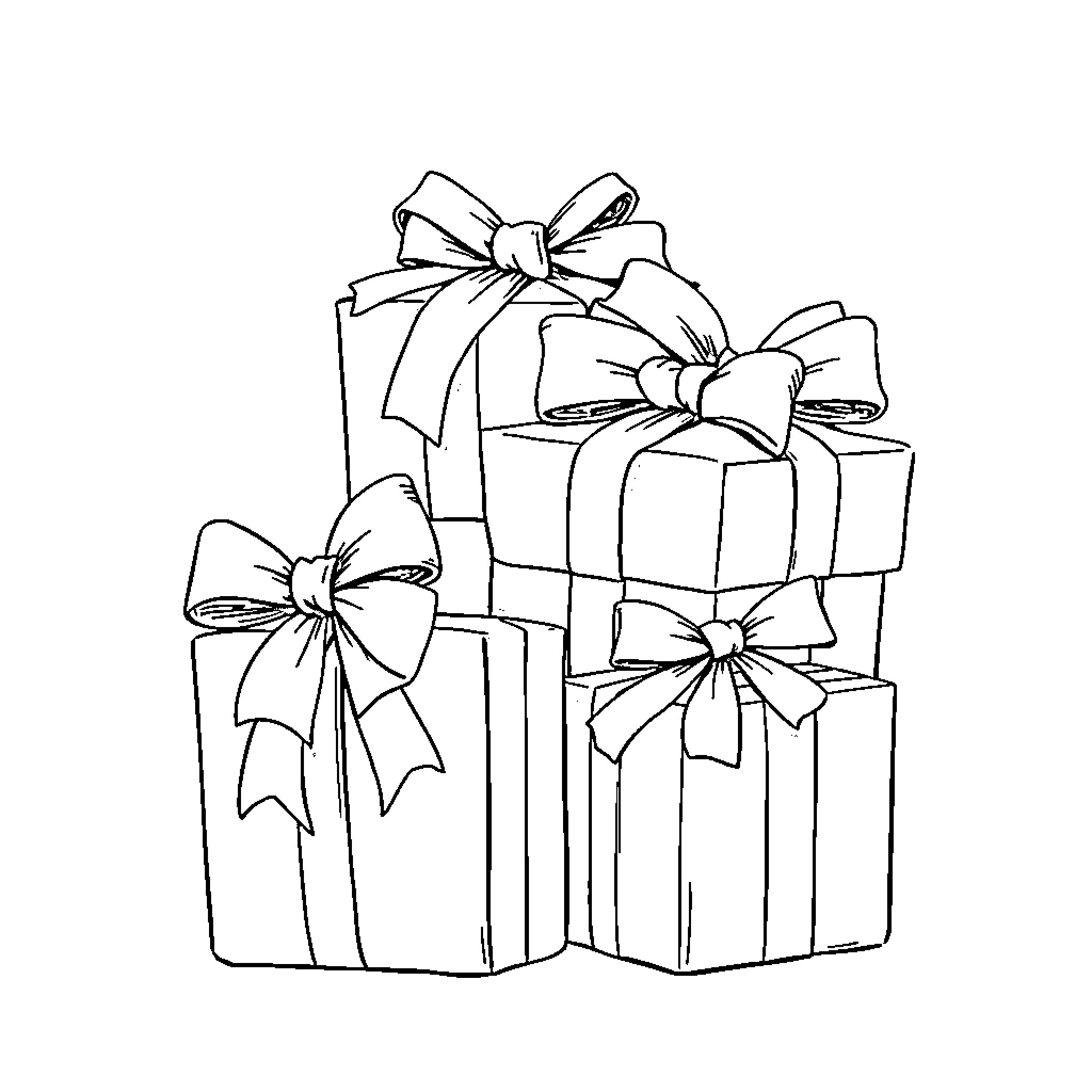 Bow-Wrapped Gifts Celebration Coloring Page (free black-and-white line drawing printable PDF for all, from beginners to advanced learners, including children, teens, adults, and seniors)