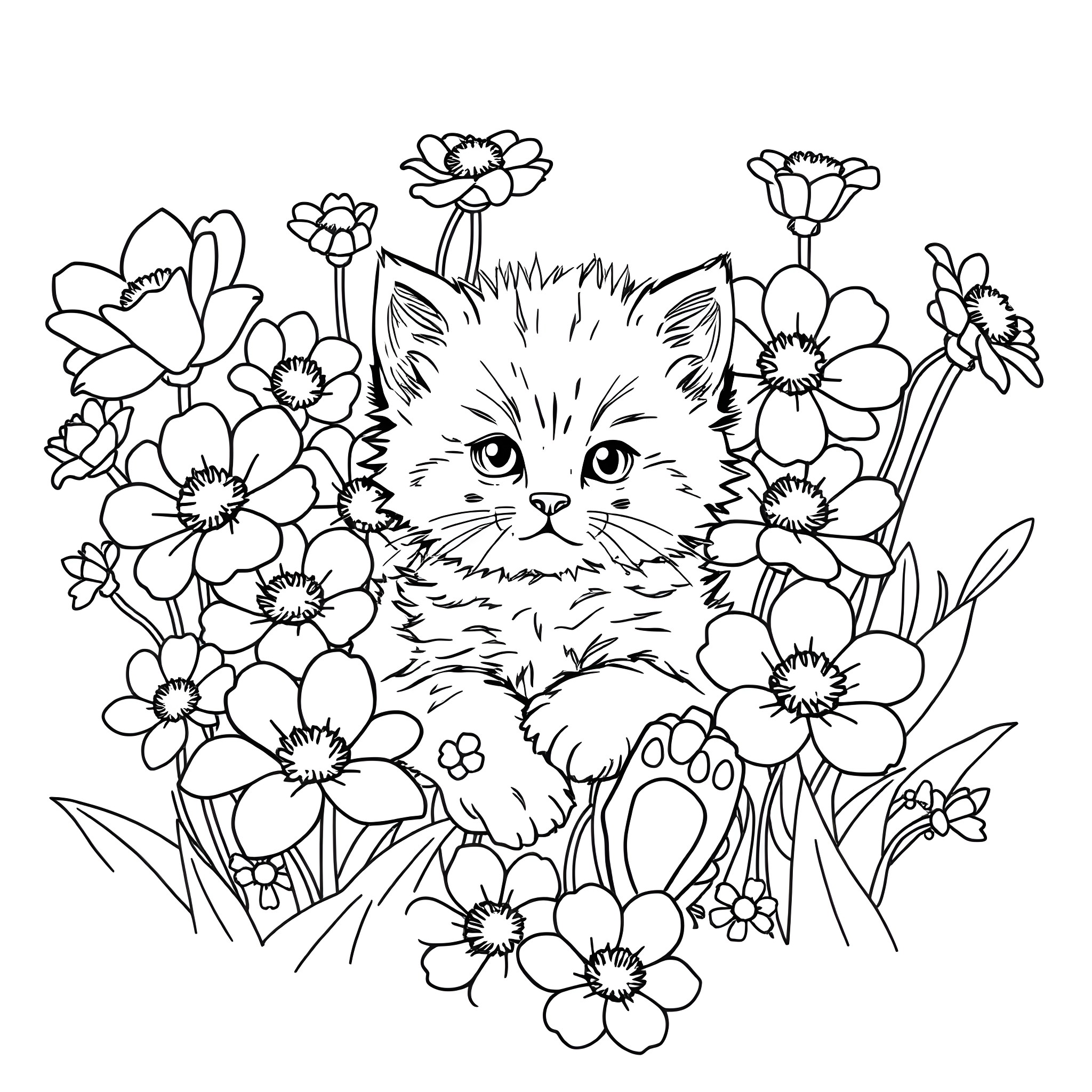 Kitten surrounded by blooming flowers Coloring Page (free black-and-white line drawing printable PDF for all, from beginners to advanced learners, including children, teens, adults, and seniors)
