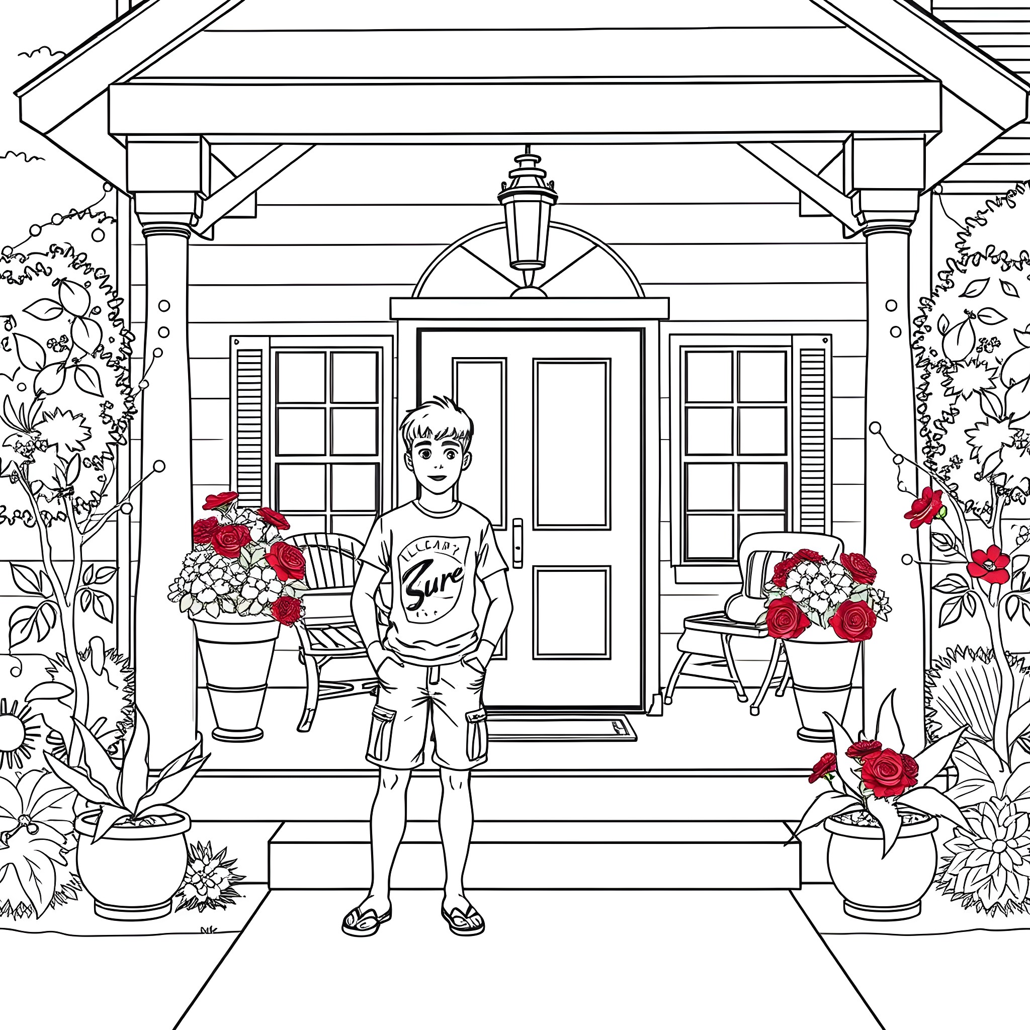 Teen Guy Enjoying a Summer Day on the Porch Coloring Page (free black-and-white line drawing printable PDF for all, from beginners to advanced learners, including children, teens, adults, and seniors)