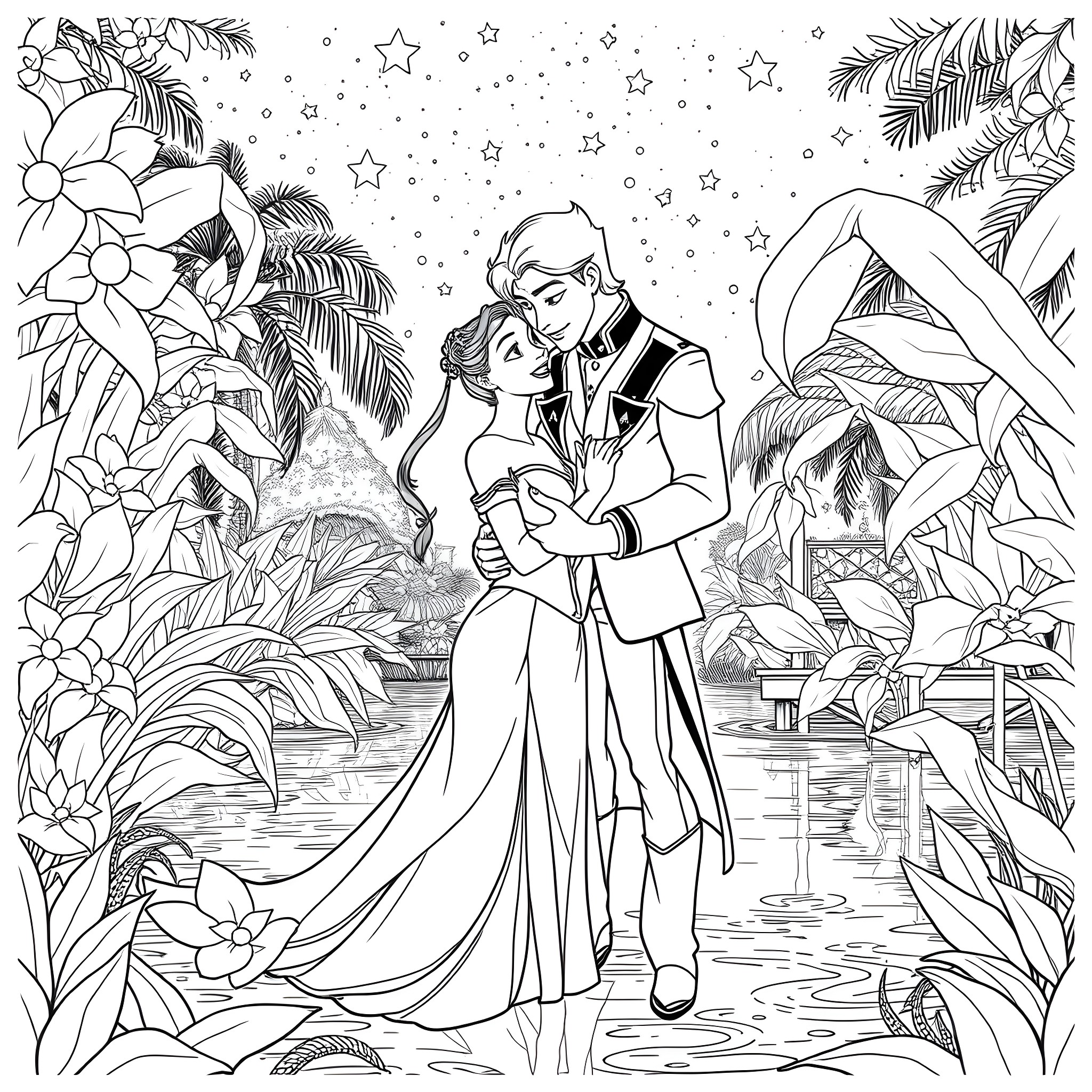 Tiana and Prince Naveen's romantic dance under the starry night Coloring Page (free black-and-white line drawing printable PDF for all, from beginners to advanced learners, including children, teens, adults, and seniors)