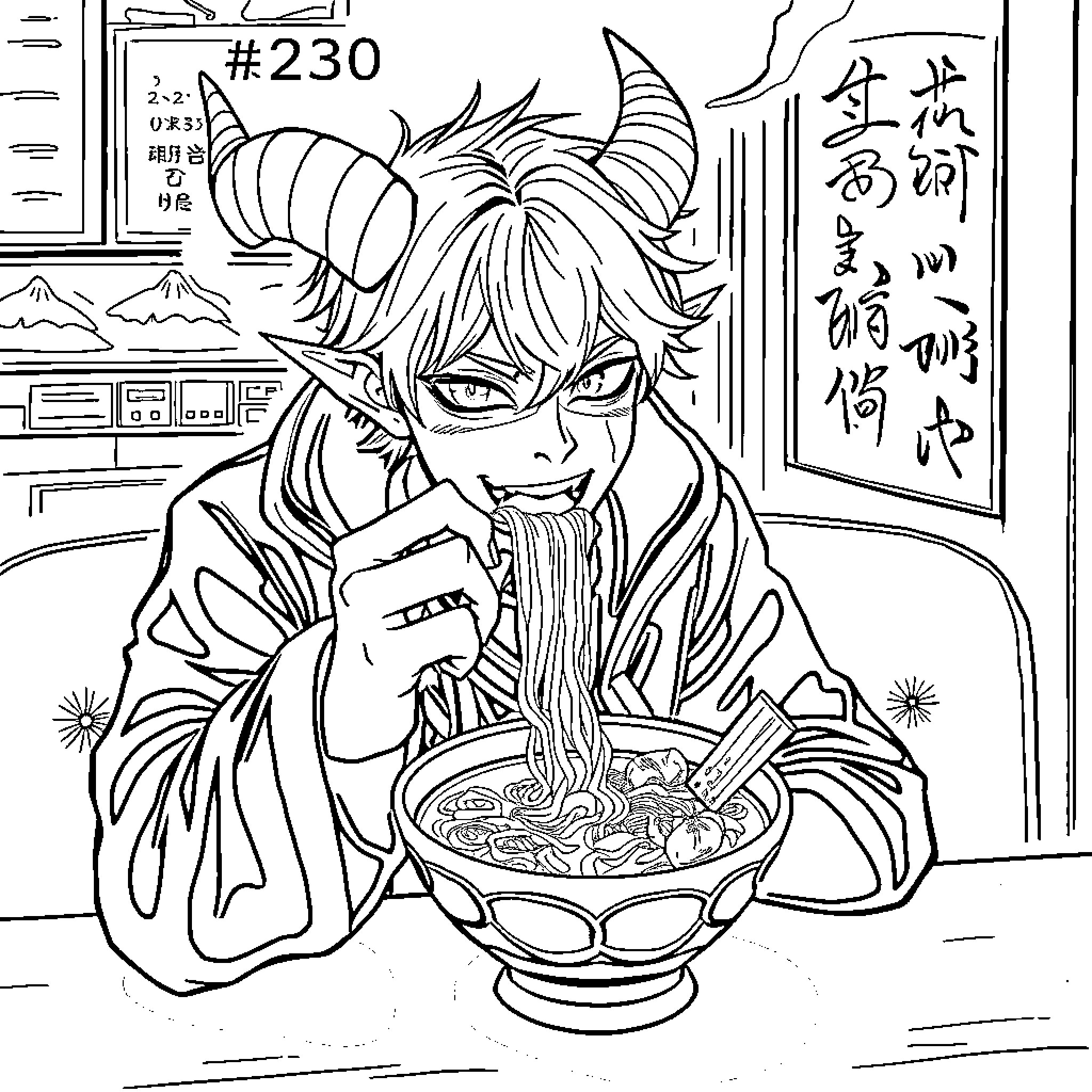 Demon Hunter Enjoying a Hearty Meal Coloring Page (free black-and-white line drawing printable PDF for all, from beginners to advanced learners, including children, teens, adults, and seniors)