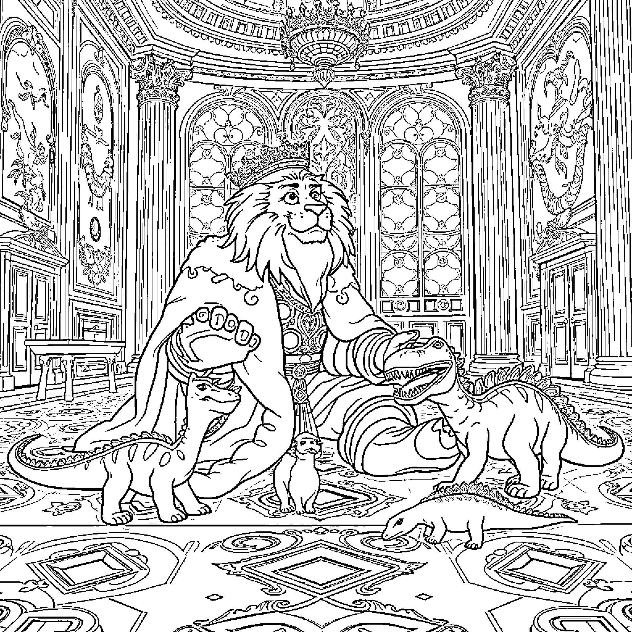 King of the Jungle and his Loyal Companions Coloring Page (free black-and-white line drawing printable PDF for all, from beginners to advanced learners, including children, teens, adults, and seniors)