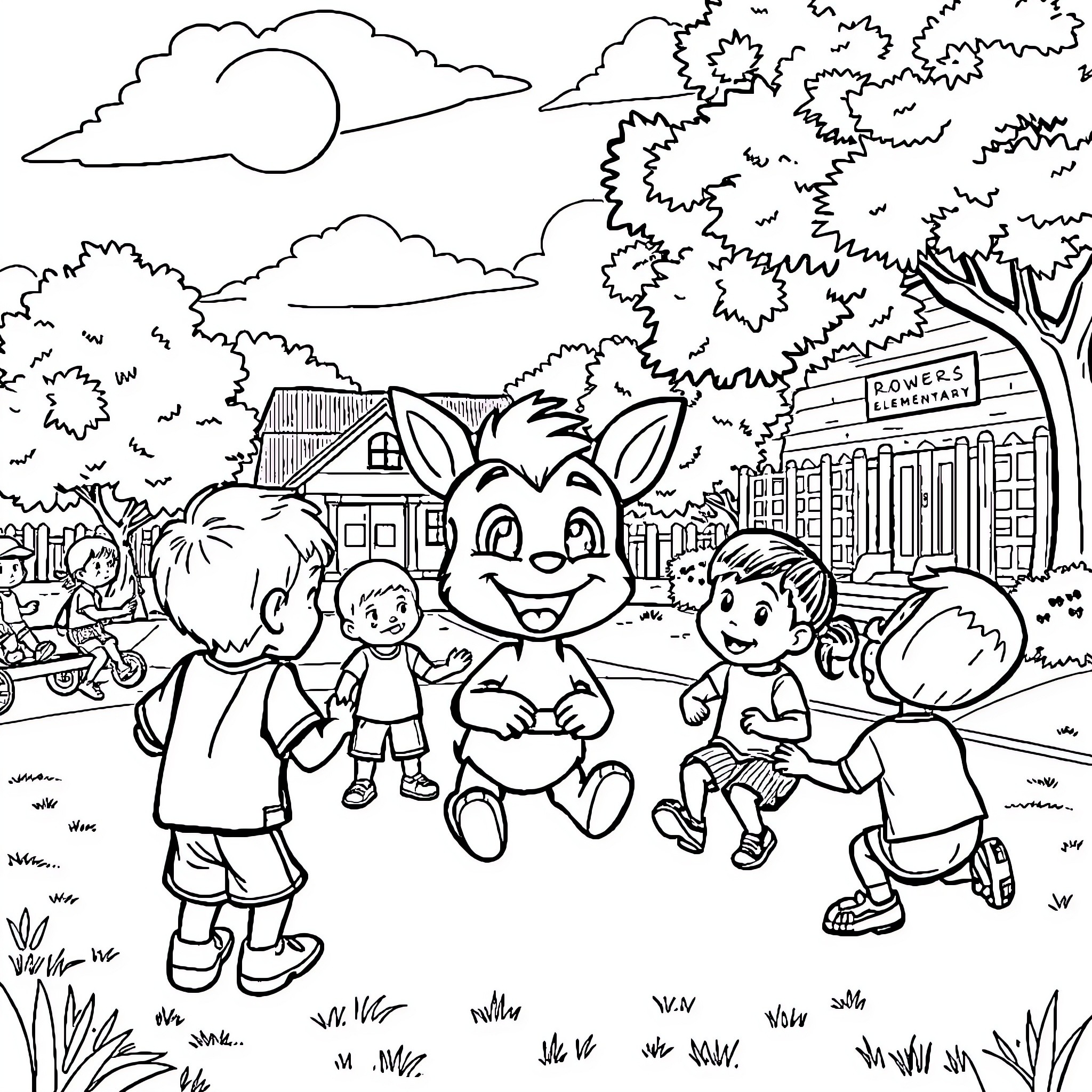 Dobby and friends explore the neighborhood Coloring Page (free black-and-white line drawing printable PDF for all, from beginners to advanced learners, including children, teens, adults, and seniors)