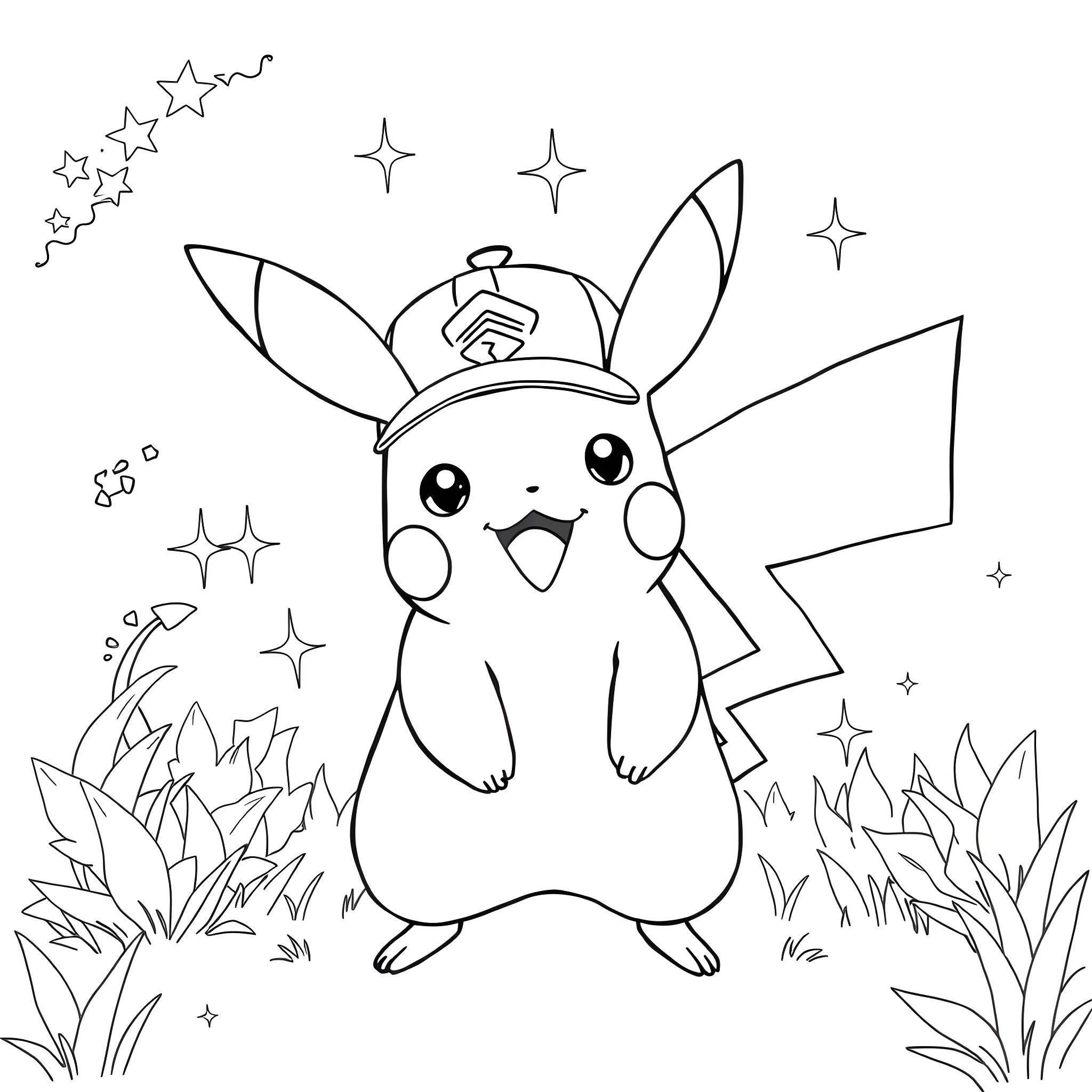 Pikachu in a magical forest with sparkling stars Coloring Page (free black-and-white line drawing printable PDF for all, from beginners to advanced learners, including children, teens, adults, and seniors)
