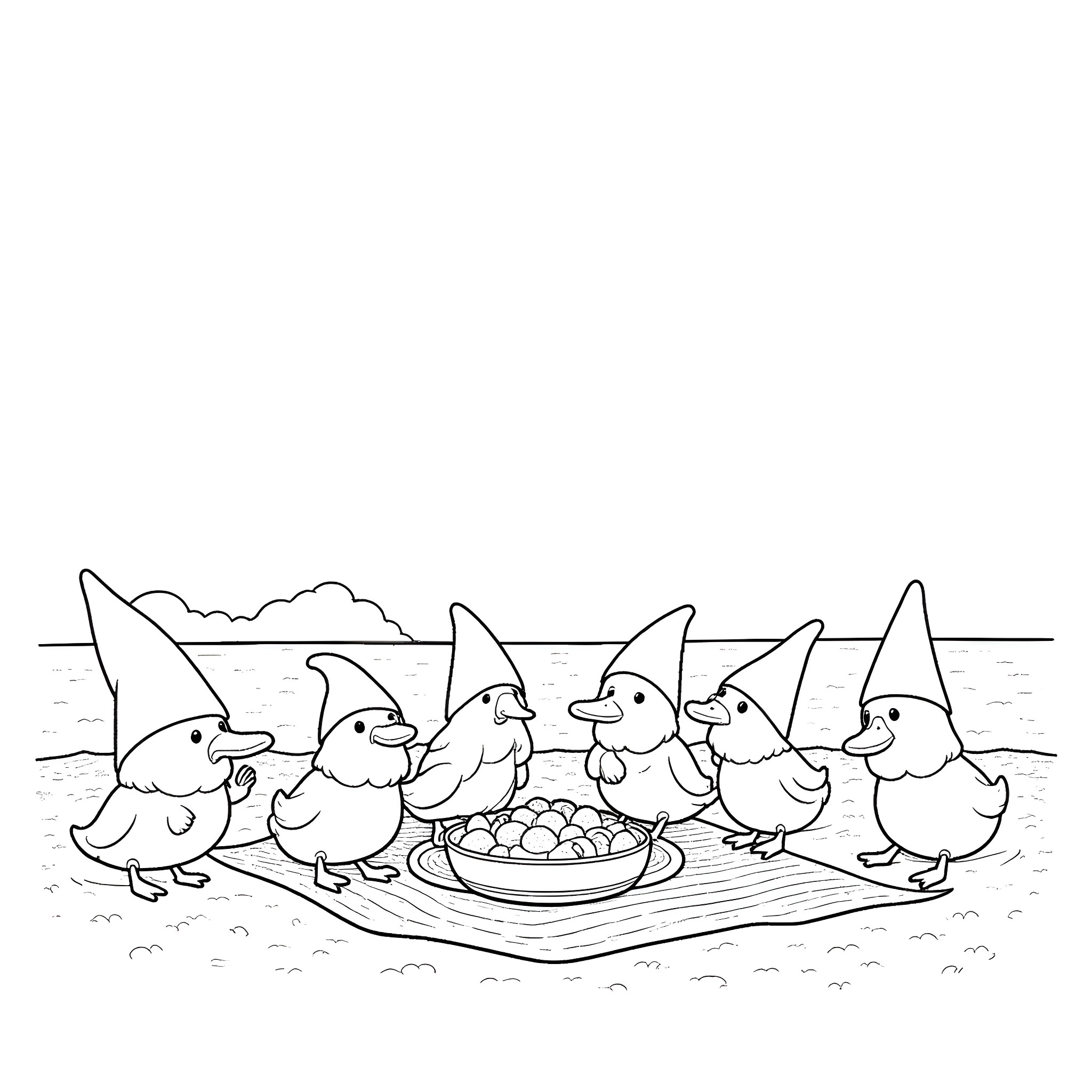 Ducks having a picnic in the park Coloring Page (free black-and-white line drawing printable PDF for all, from beginners to advanced learners, including children, teens, adults, and seniors)