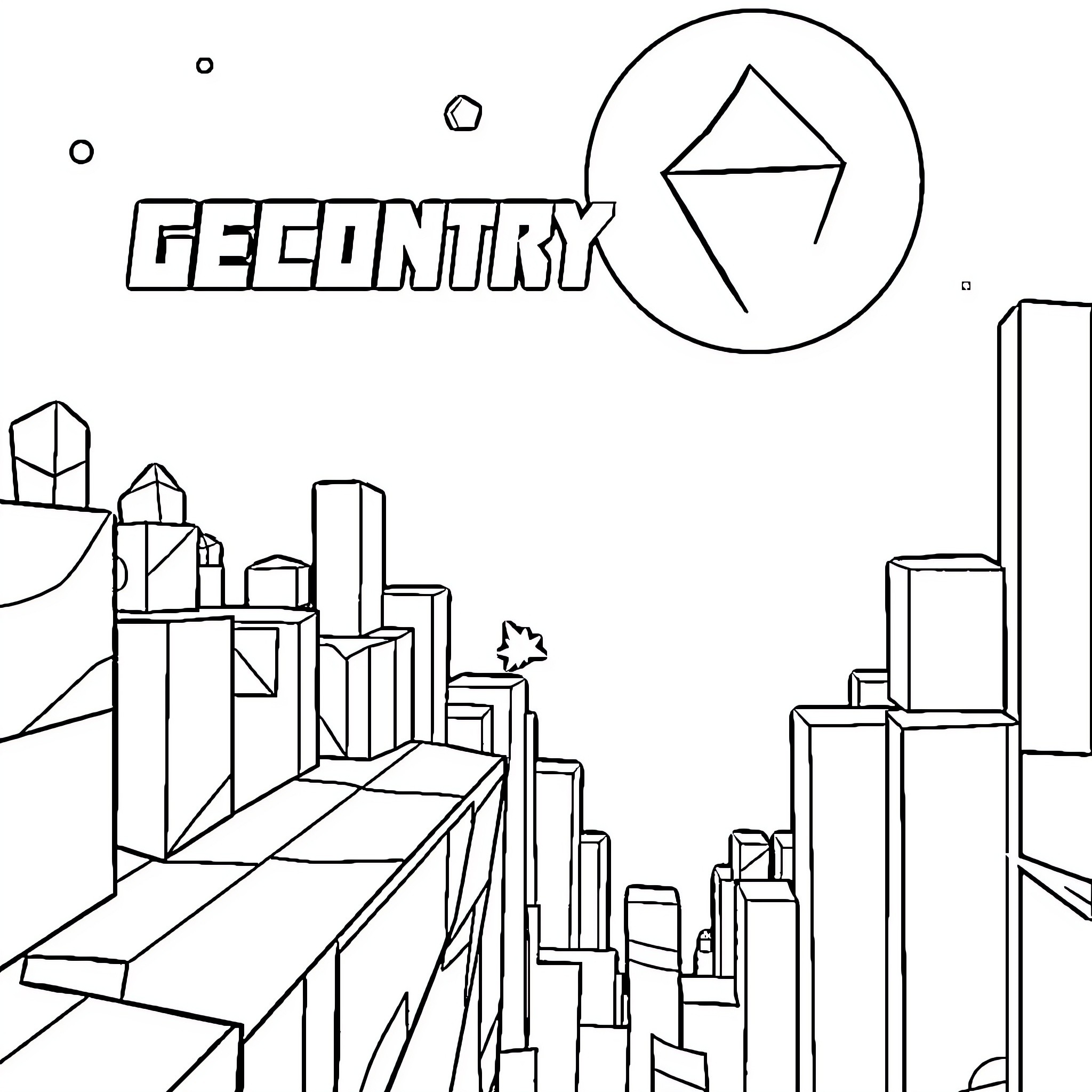 Geometry Dash: Navigating the Cityscape of Geometric Shapes Coloring Page (free black-and-white line drawing printable PDF for all, from beginners to advanced learners, including children, teens, adults, and seniors)