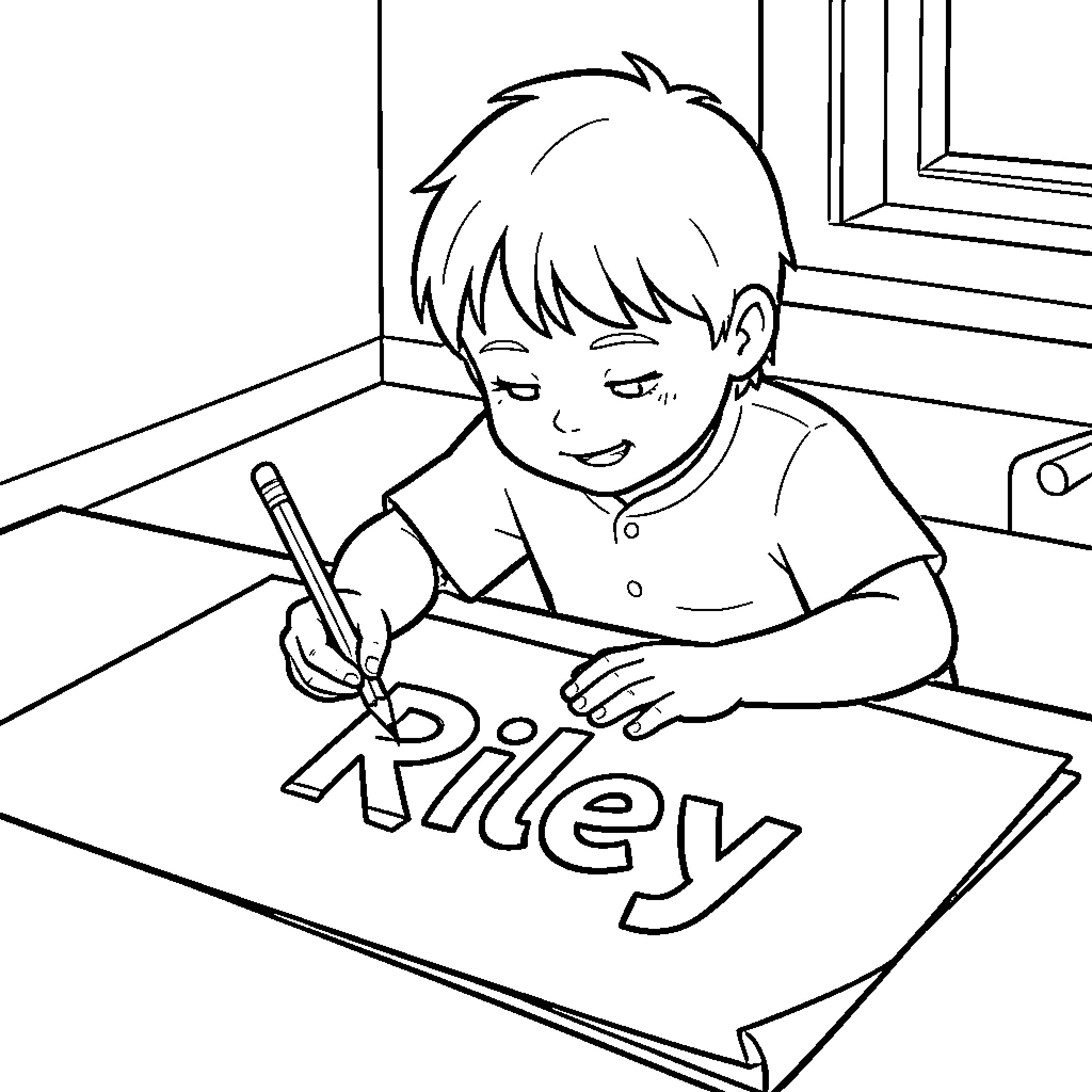Riley writing their name on a large sheet of paper Coloring Page (free black-and-white line drawing printable PDF for all, from beginners to advanced learners, including children, teens, adults, and seniors)