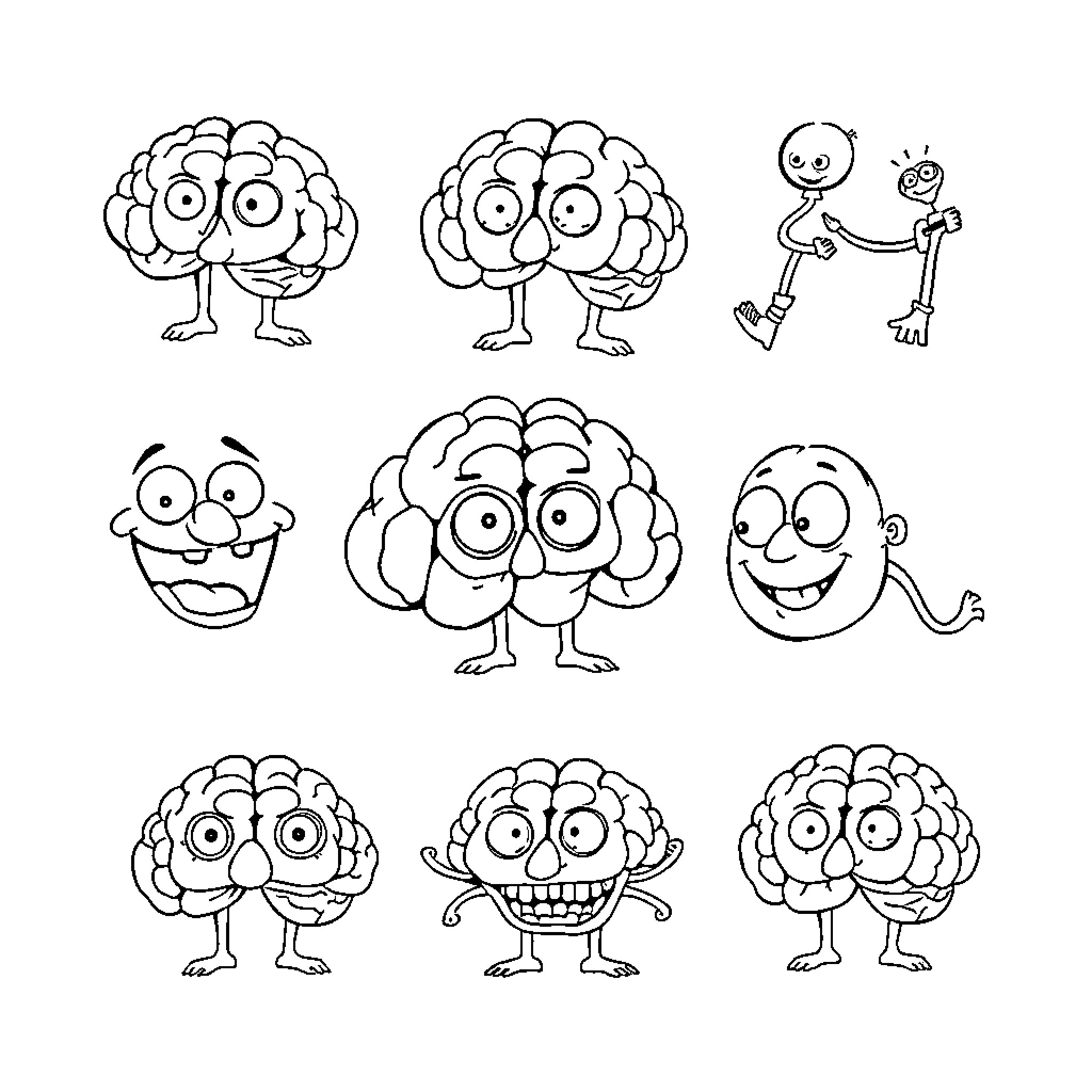 Brainrot: Quirky Cartoon Brains in Playful Poses Coloring Page (free black-and-white line drawing printable PDF for all, from beginners to advanced learners, including children, teens, adults, and seniors)