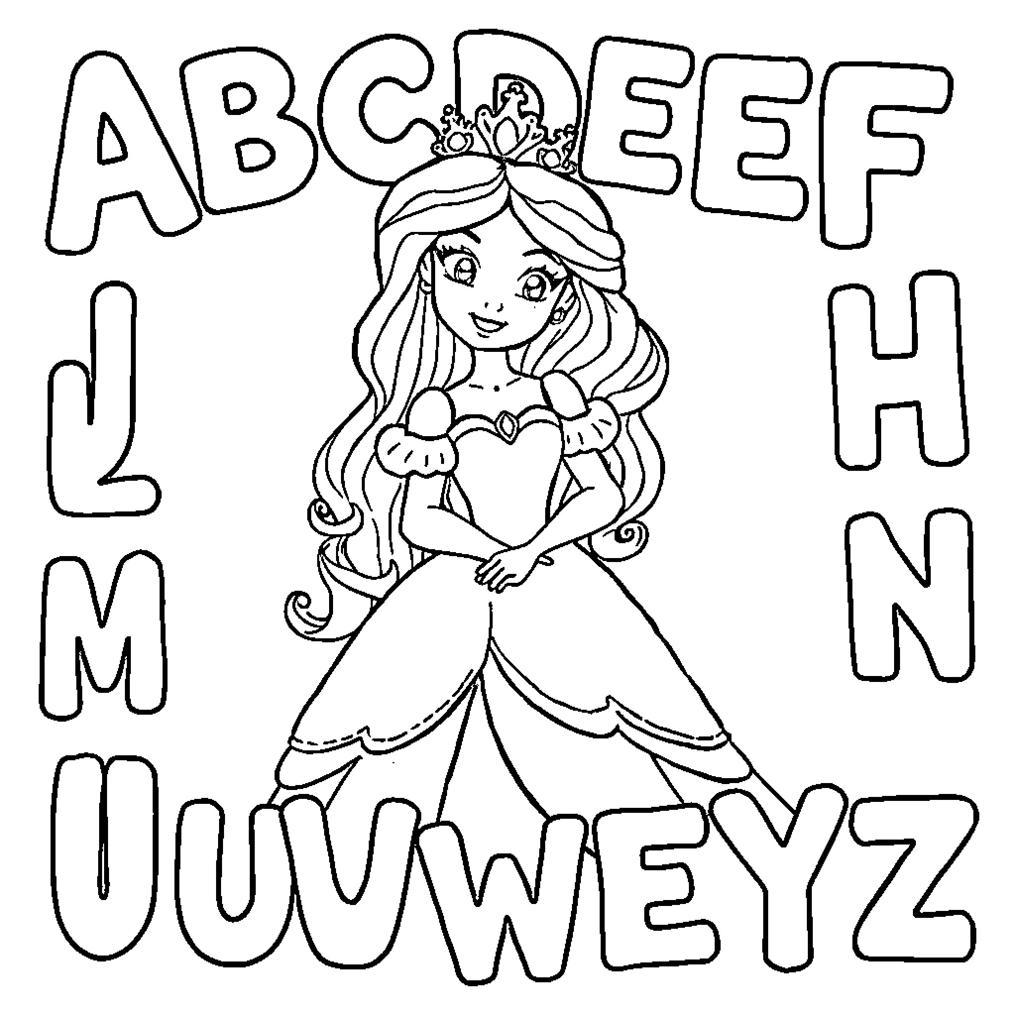 Princess Holding a Heart in Fancy Dress Coloring Page (free black-and-white line drawing printable PDF for all, from beginners to advanced learners, including children, teens, adults, and seniors)