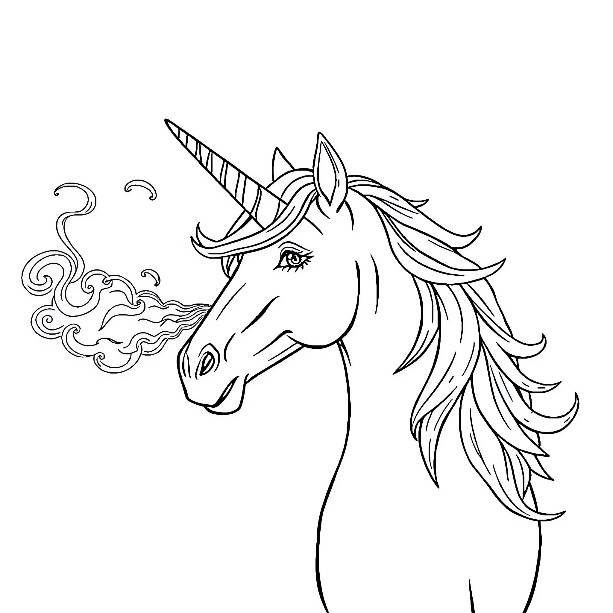 Unicorn with Flowing Mane and Spirited Expression Coloring Page (free black-and-white line drawing printable PDF for all, from beginners to advanced learners, including children, teens, adults, and seniors)
