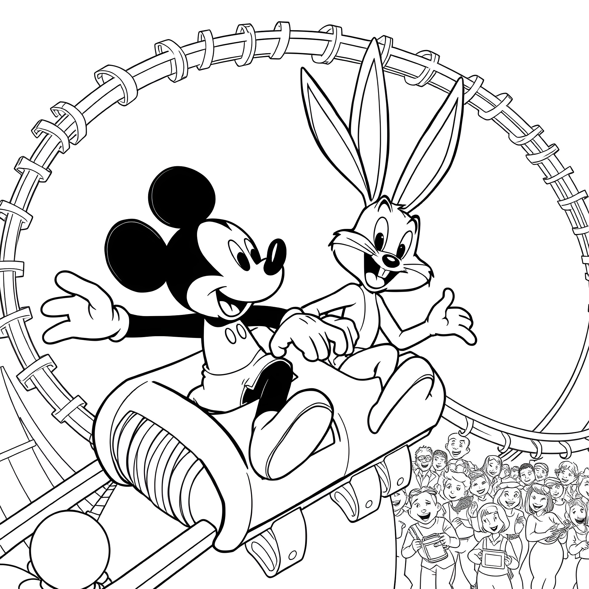 Mickey Mouse and Bugs Bunny riding a roller coaster Coloring Page (free black-and-white line drawing printable PDF for all, from beginners to advanced learners, including children, teens, adults, and seniors)