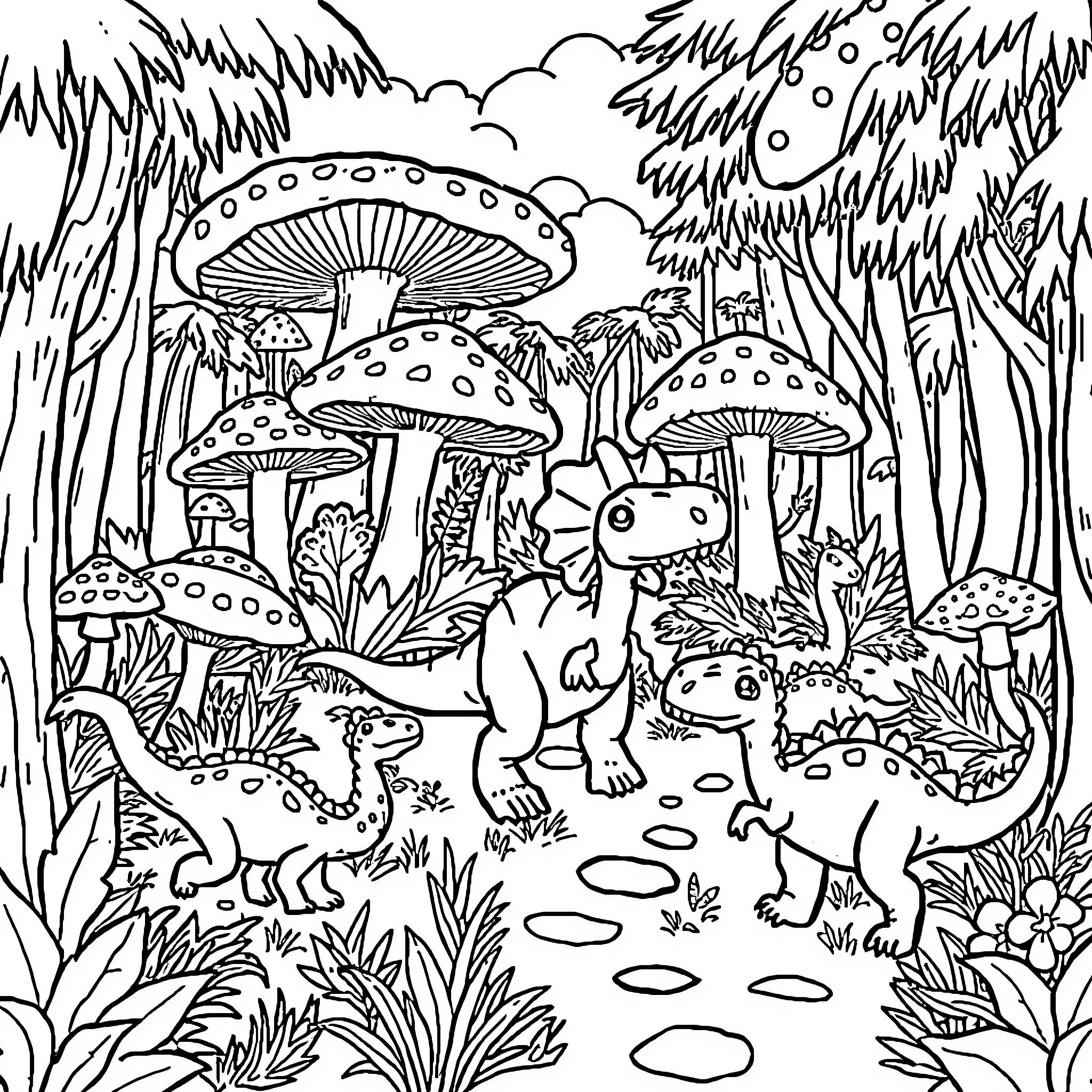 Dinosaur exploring a fantastical mushroom forest Coloring Page (free black-and-white line drawing printable PDF for all, from beginners to advanced learners, including children, teens, adults, and seniors)