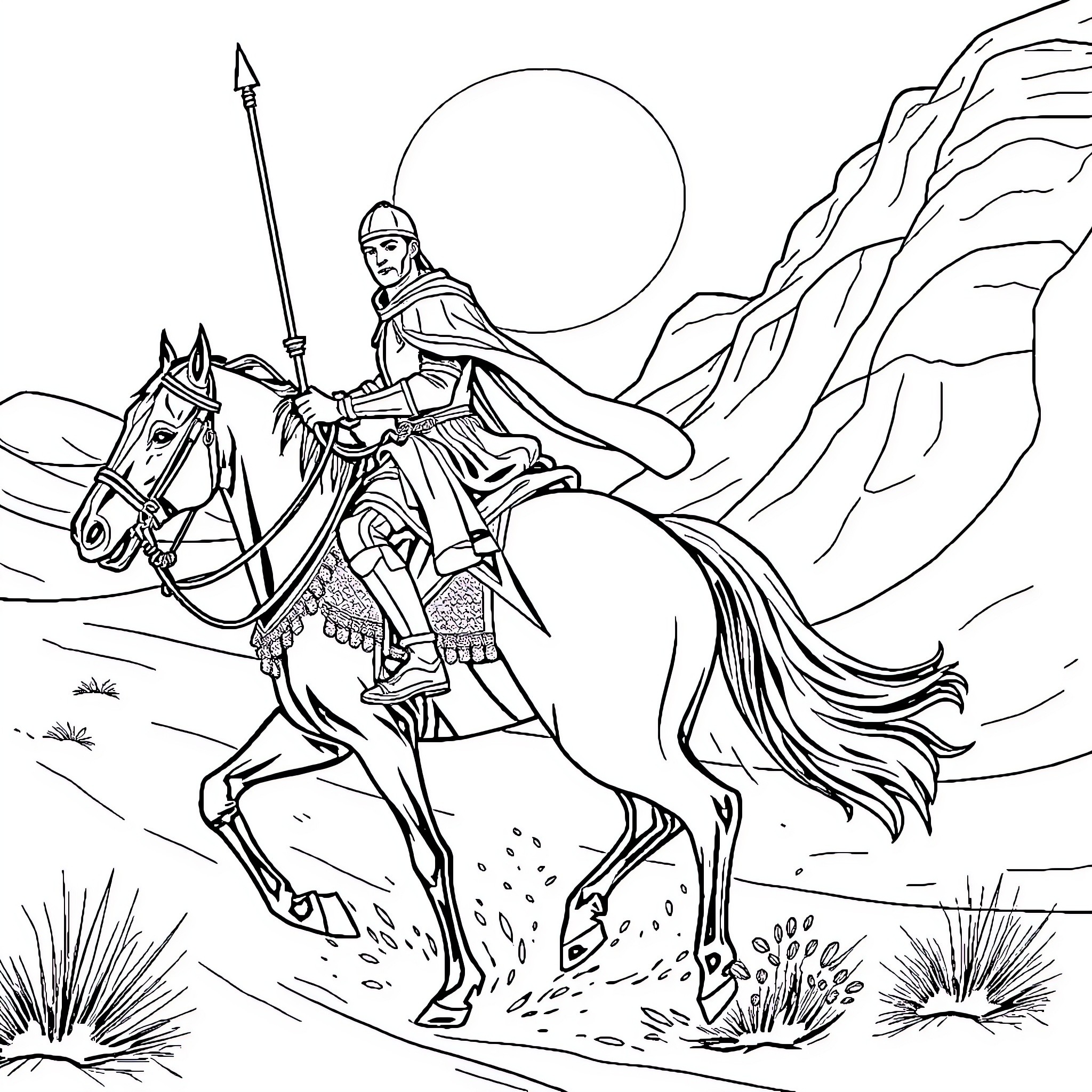 Knight Riding Powerful Steed Through Treacherous Terrain Coloring Page (free black-and-white line drawing printable PDF for all, from beginners to advanced learners, including children, teens, adults, and seniors)