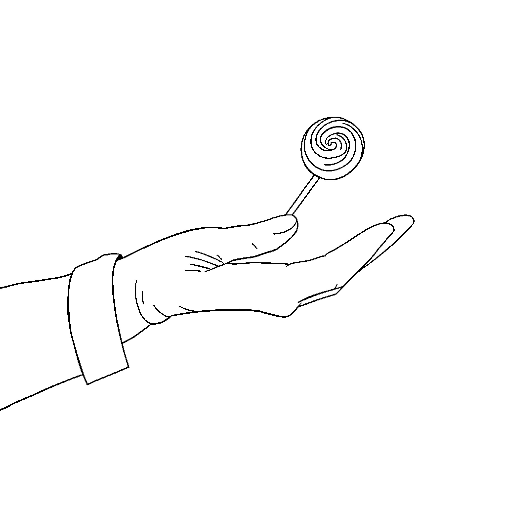 Hand holding spiral lollipop Coloring Page (free black-and-white line drawing printable PDF for all, from beginners to advanced learners, including children, teens, adults, and seniors)