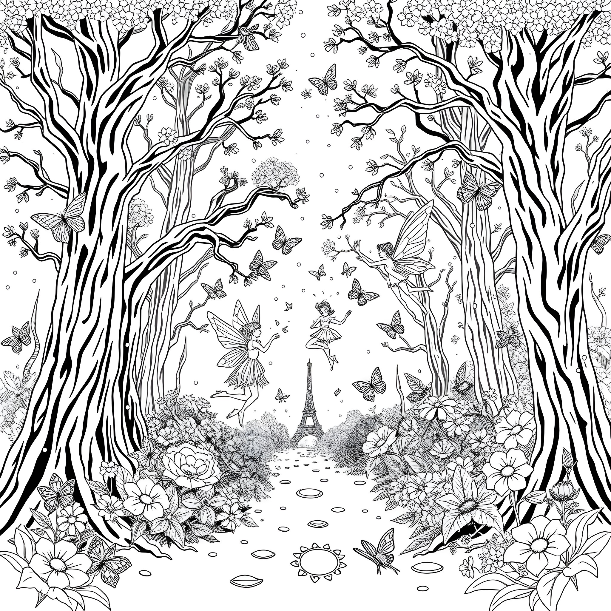 Fairy Tale Forest with Enchanting Creatures Coloring Page (free black-and-white line drawing printable PDF for all, from beginners to advanced learners, including children, teens, adults, and seniors)