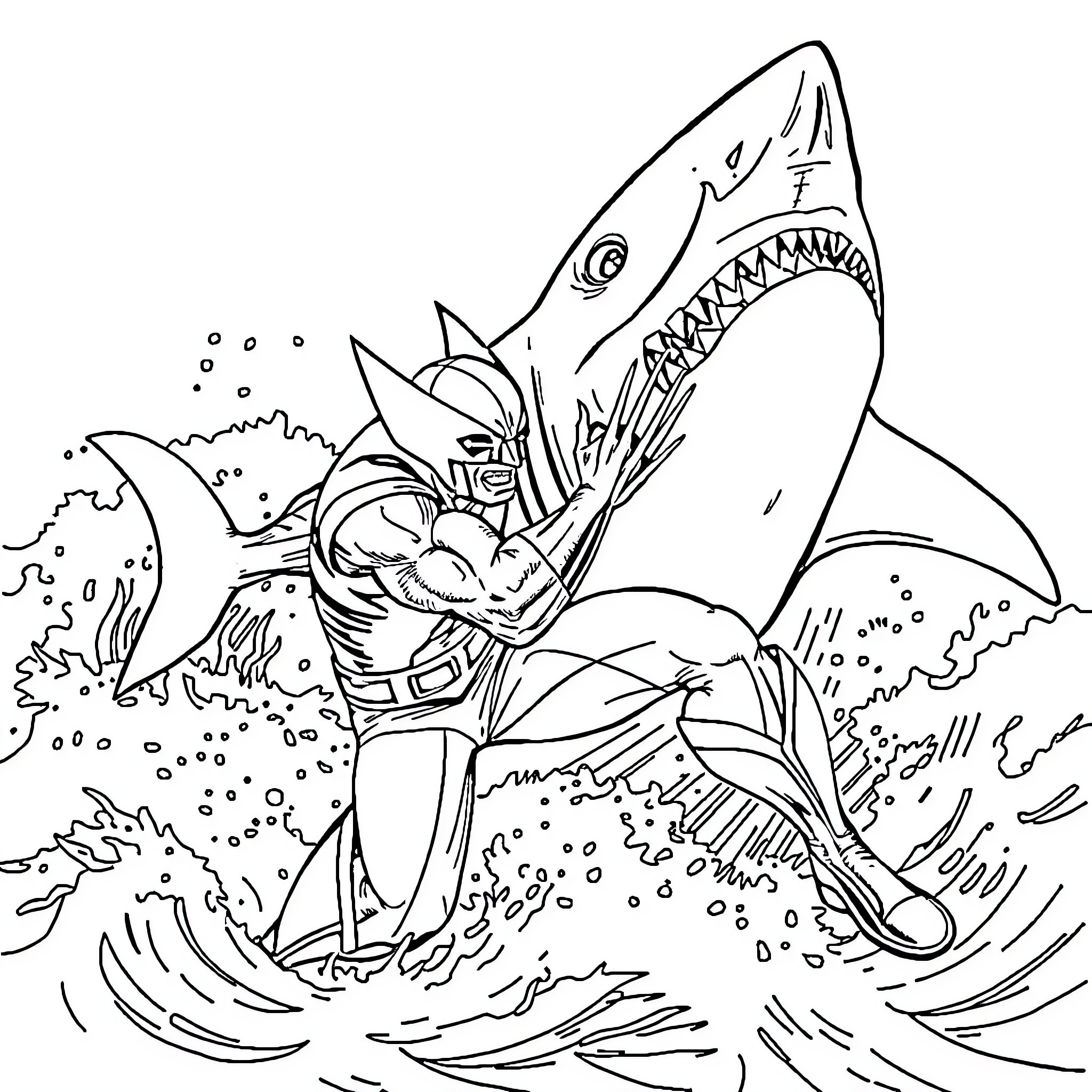 Wolverine wrestling a giant shark in the ocean Coloring Page (free black-and-white line drawing printable PDF for all, from beginners to advanced learners, including children, teens, adults, and seniors)