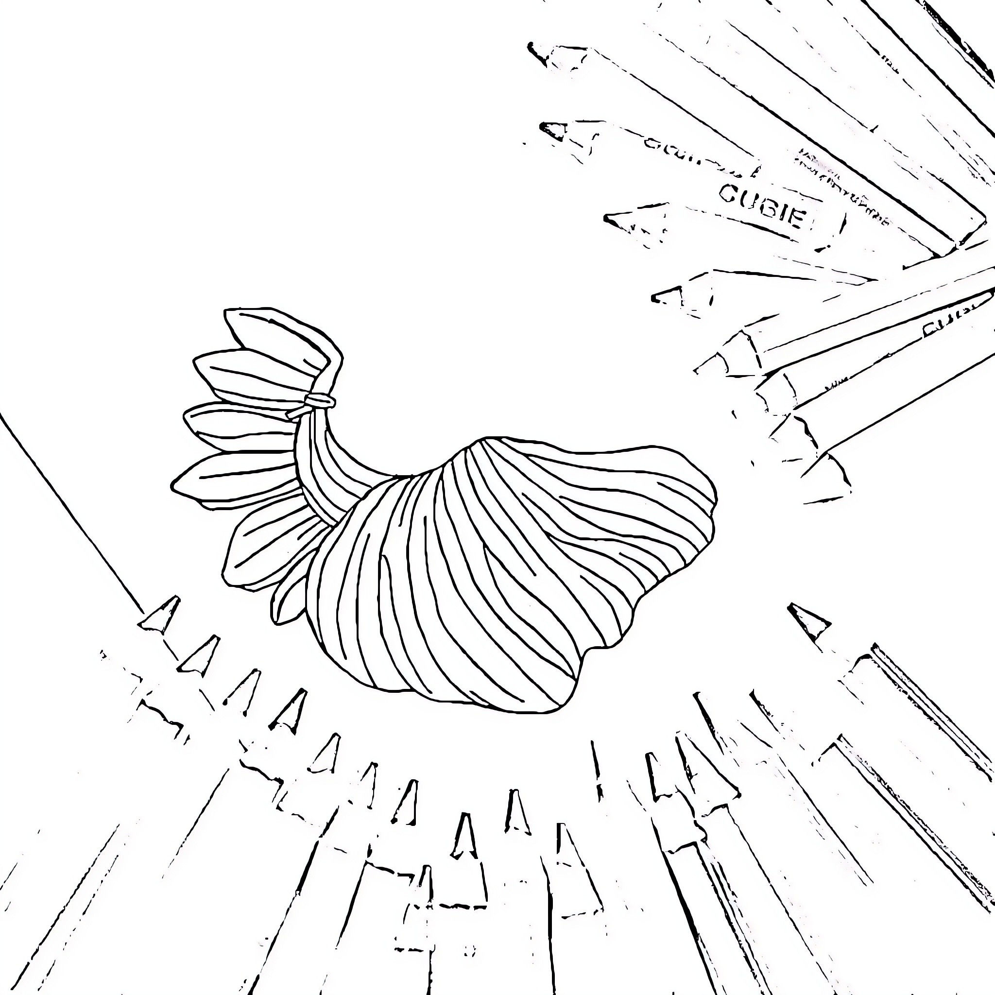 Betta fish swimming amidst abstract lines Coloring Page (free black-and-white line drawing printable PDF for all, from beginners to advanced learners, including children, teens, adults, and seniors)