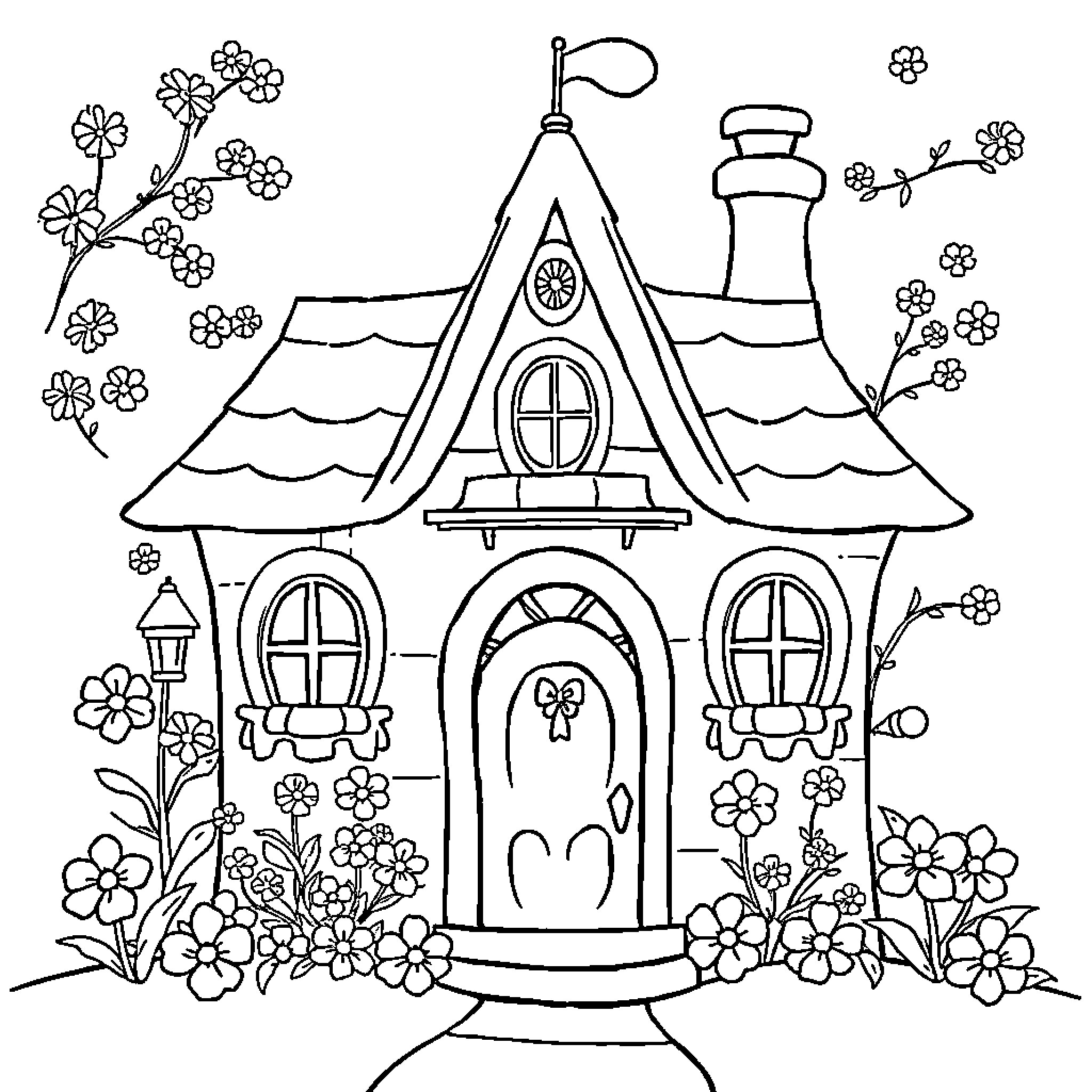 Mickey Mouse's Magical Cottage Among Flowers Coloring Page (free black-and-white line drawing printable PDF for all, from beginners to advanced learners, including children, teens, adults, and seniors)