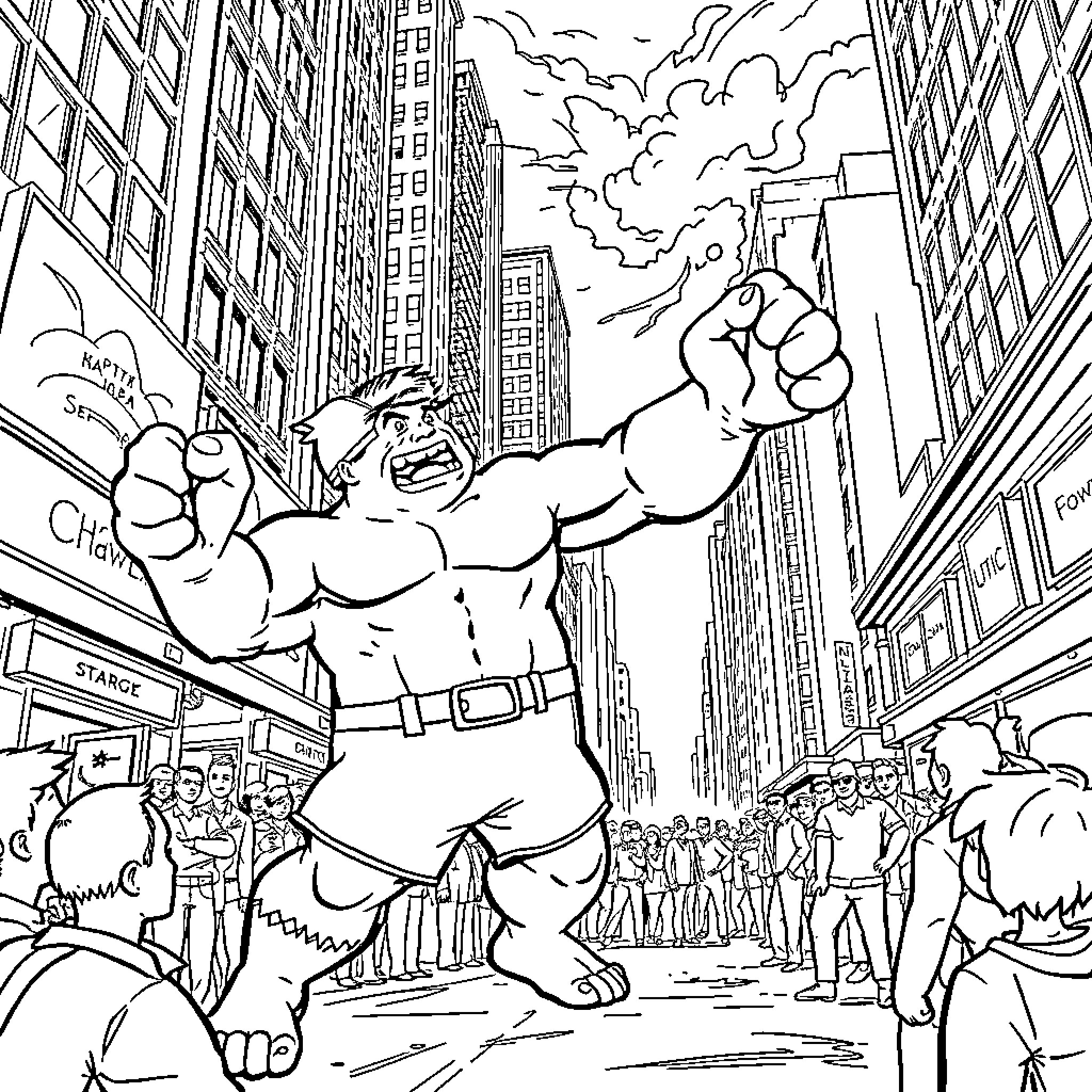 Captain Underpants' Super Heroic Antics in the City Coloring Page (free black-and-white line drawing printable PDF for all, from beginners to advanced learners, including children, teens, adults, and seniors)
