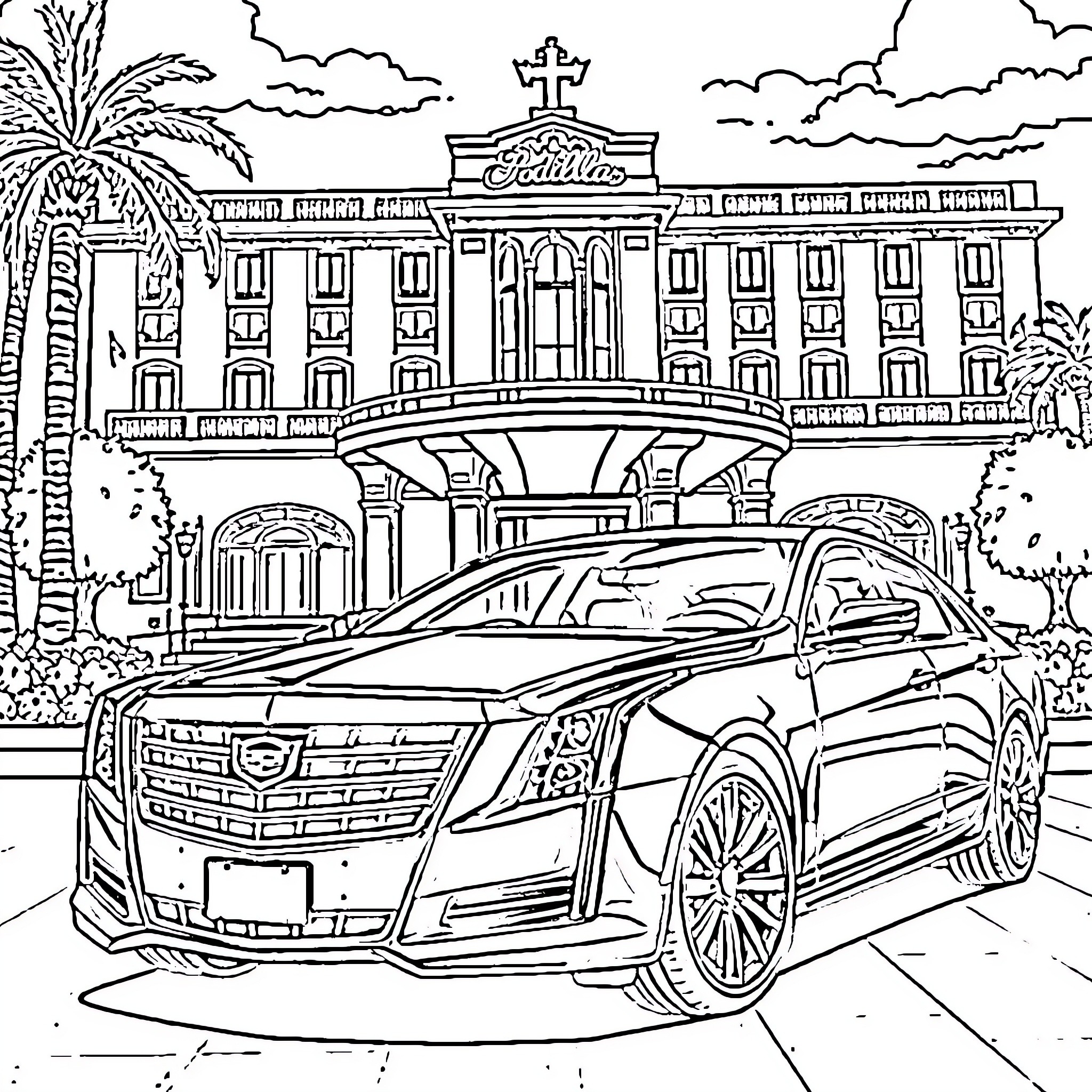 Cadillac luxury sedan parked in front of ornate building Coloring Page (free black-and-white line drawing printable PDF for all, from beginners to advanced learners, including children, teens, adults, and seniors)