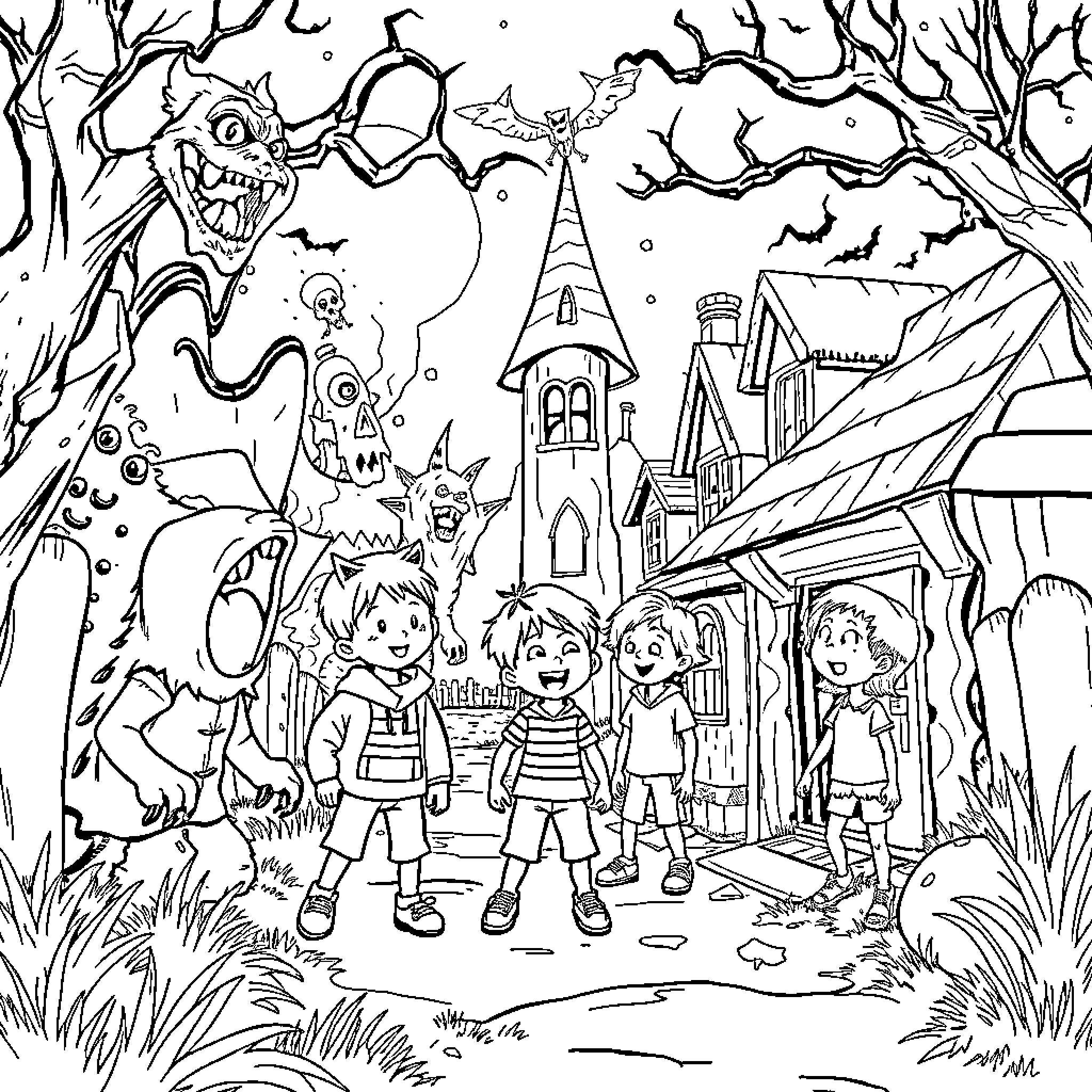Stranger Things: Spooky Adventures in a Haunted Town Coloring Page (free black-and-white line drawing printable PDF for all, from beginners to advanced learners, including children, teens, adults, and seniors)