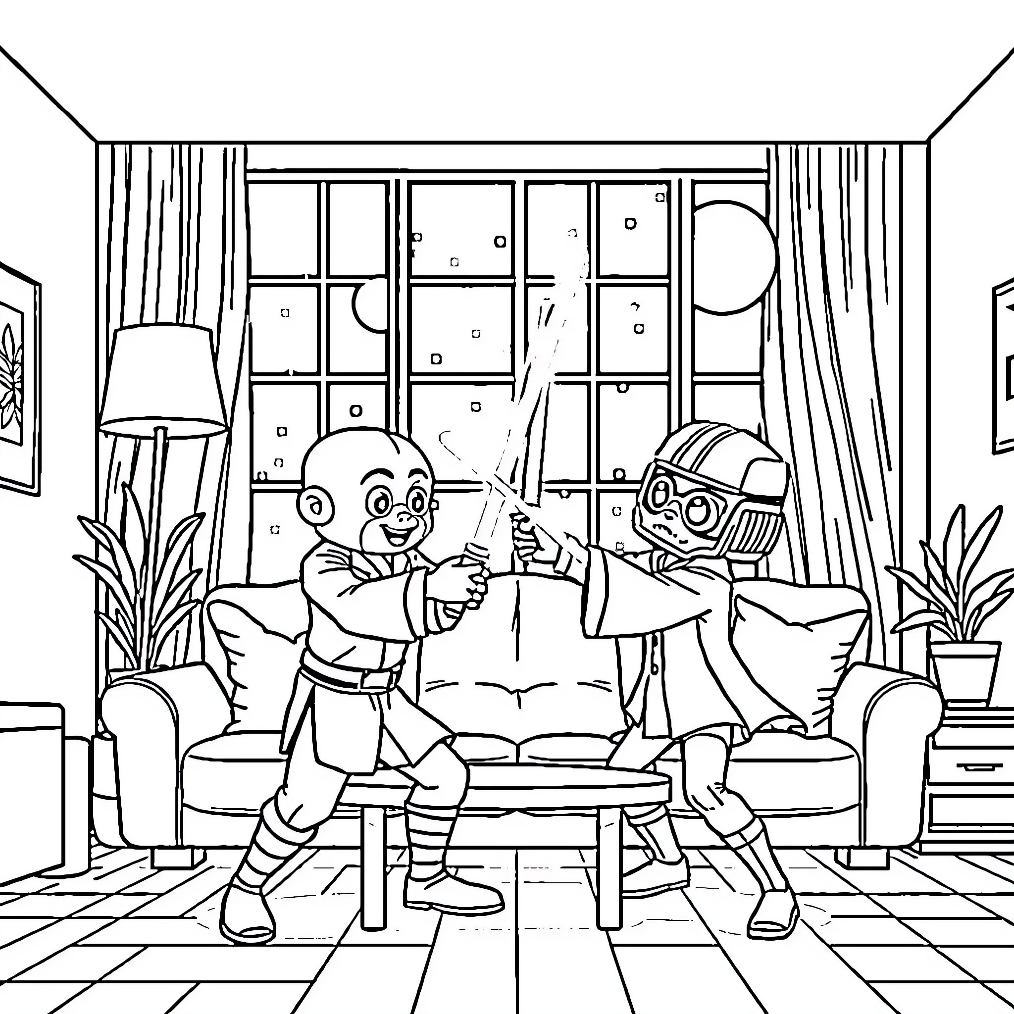 Bluey and Bingo Playing Pretend at Home Coloring Page (free black-and-white line drawing printable PDF for all, from beginners to advanced learners, including children, teens, adults, and seniors)