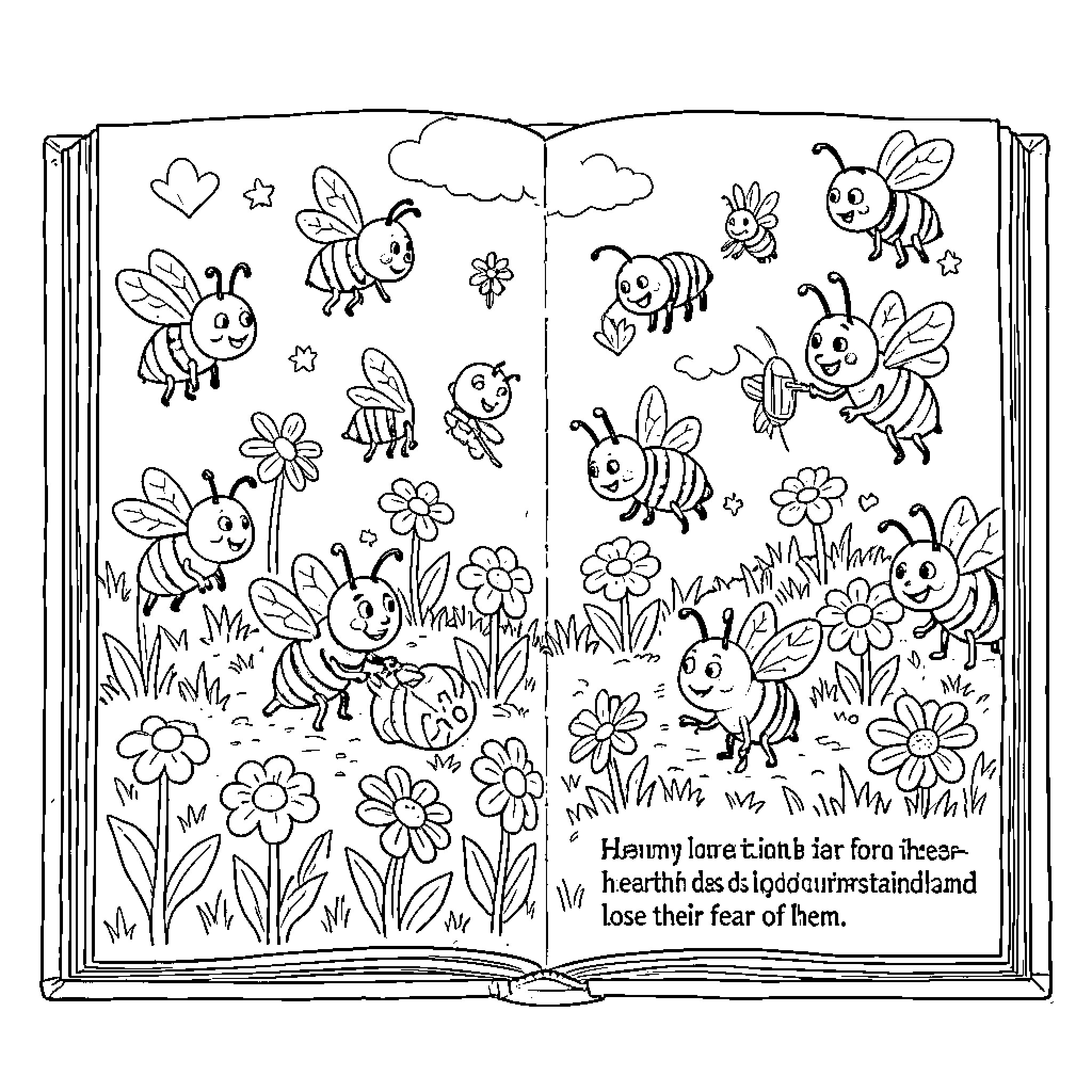 Bee characters flying and playing around flowers in a book Coloring Page (free black-and-white line drawing printable PDF for all, from beginners to advanced learners, including children, teens, adults, and seniors)